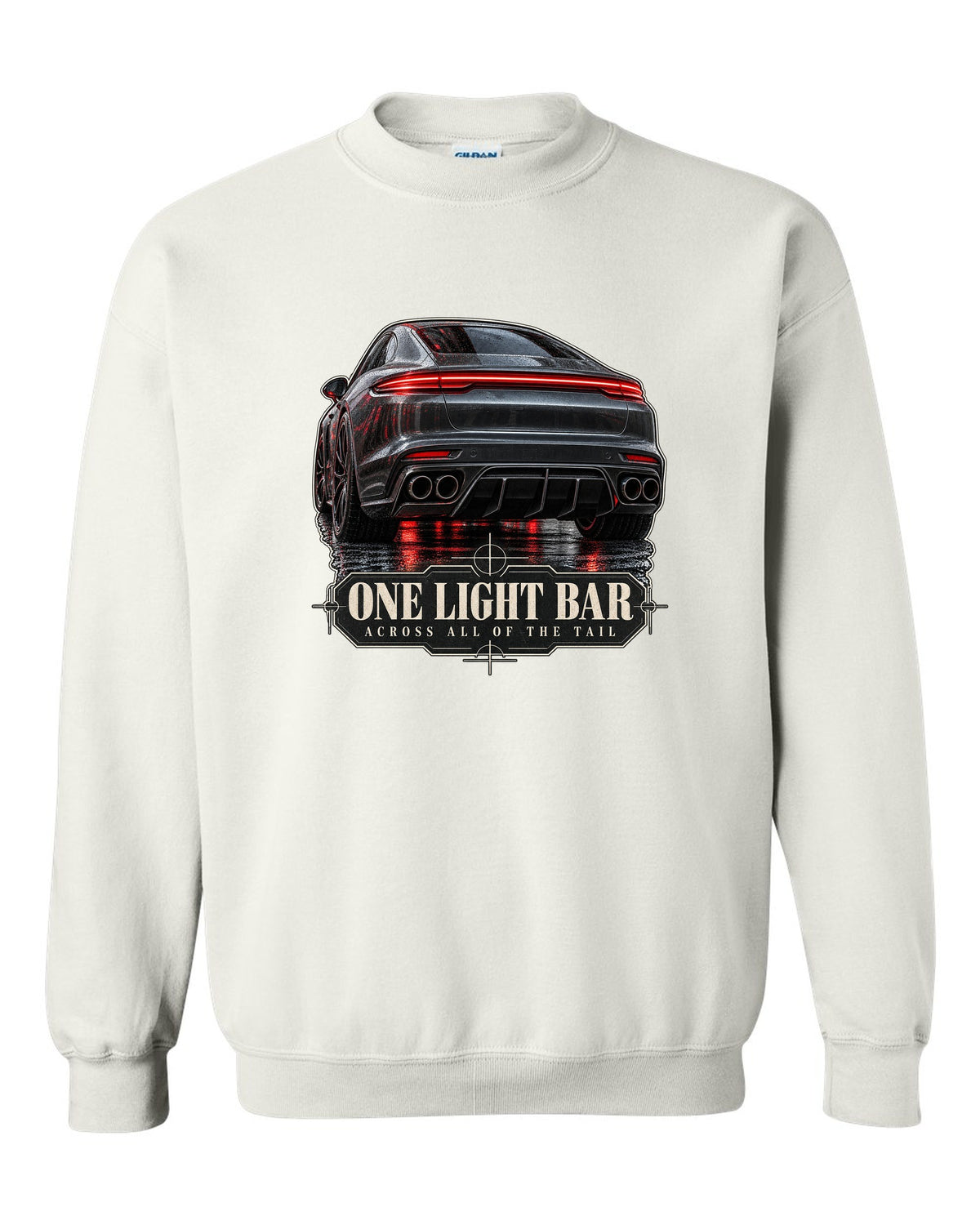 Close crop print of the full-width taillight bar on a Porsche Panamera Turbo S E-Hybrid G3 white crewneck front view with the design