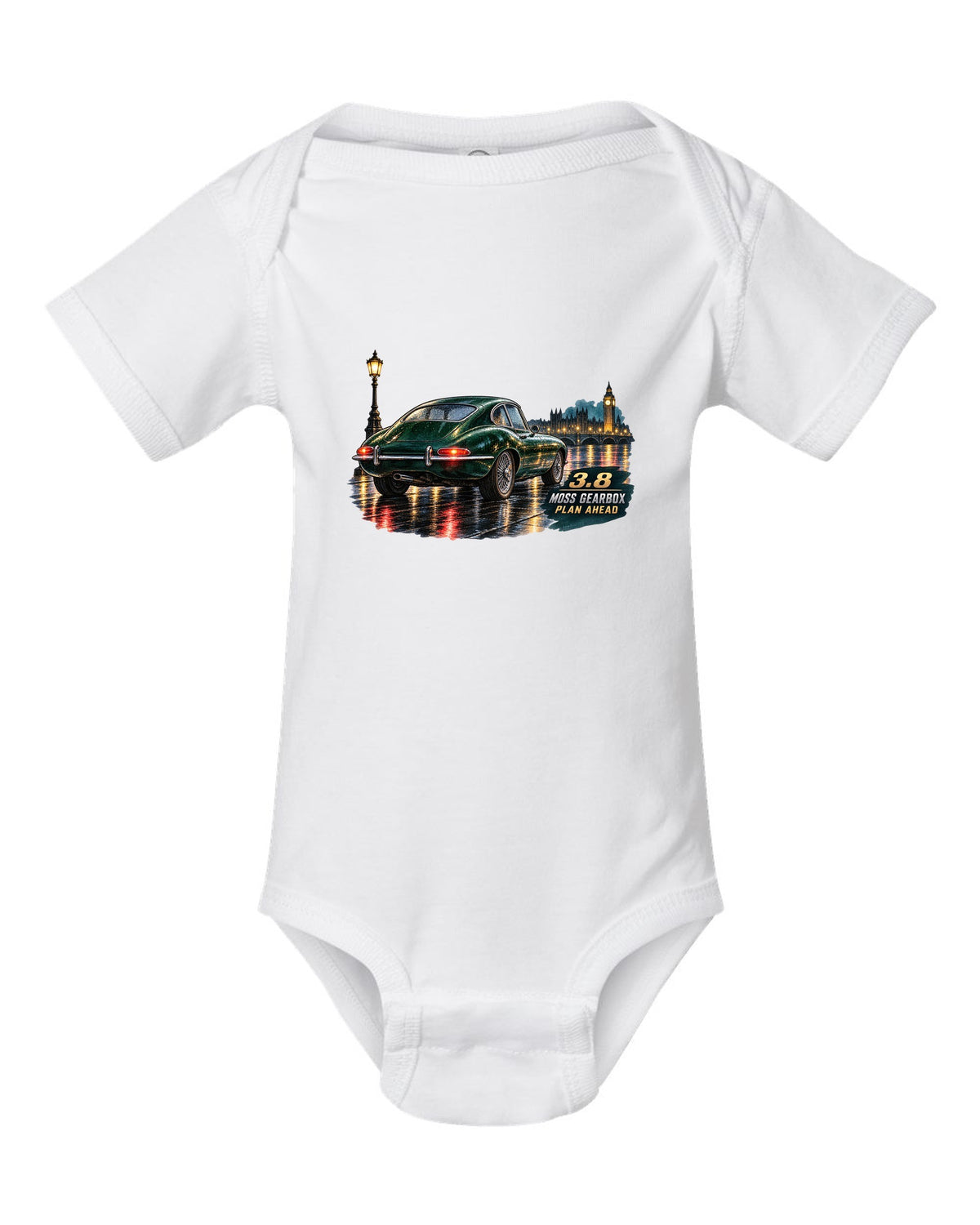 Watercolour print of 1964 Jaguar E-Type Series 1 taillights on a wet night road white baby onesie front view with the design