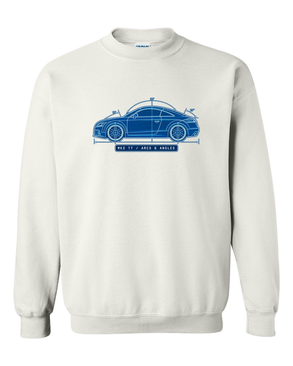 Cyanotype negative blueprint print of an Audi TT 8J coupe with Mk2 TT text white crewneck front view with the design
