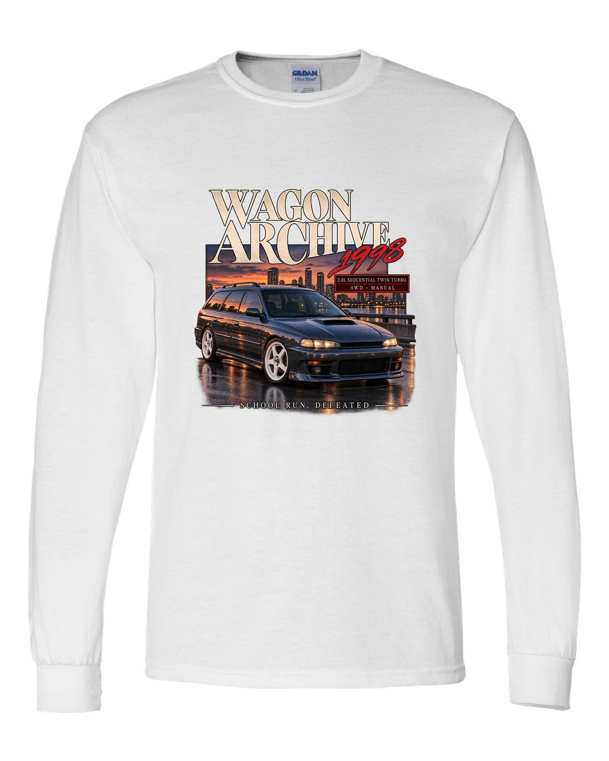 Wagon archive print for the Subaru Legacy GT-B BH5 reading 2.0L sequential twin turbo, school run, defeated white long sleeve front view with the design