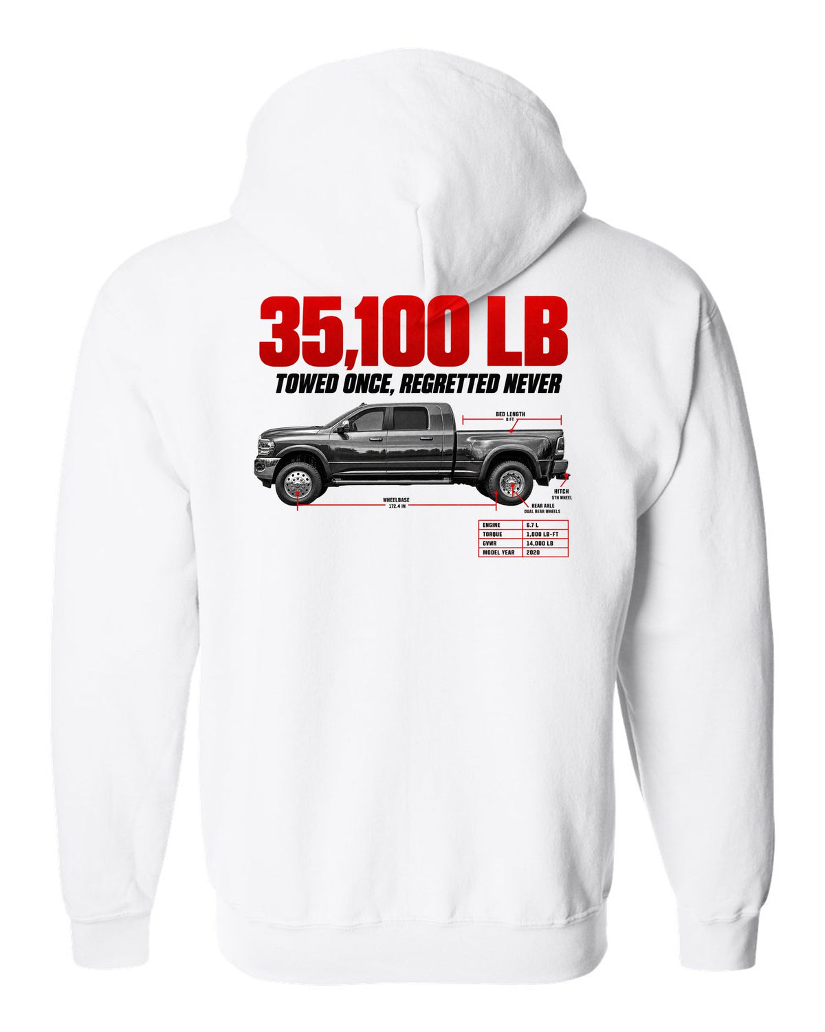 Ram 3500 5th Gen Side Profile Spec Poster Tee, 35,100 Lb white zip hoodie back view with the design