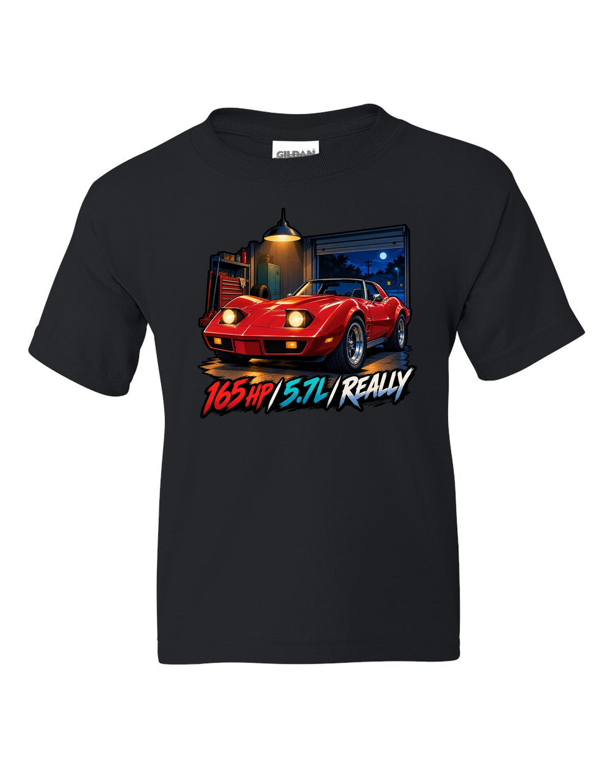Cel-shaded anime night touge print of a 1975 Chevrolet Corvette C3 Stingray with 165 HP 5.7L lettering black kids tee front view with the design