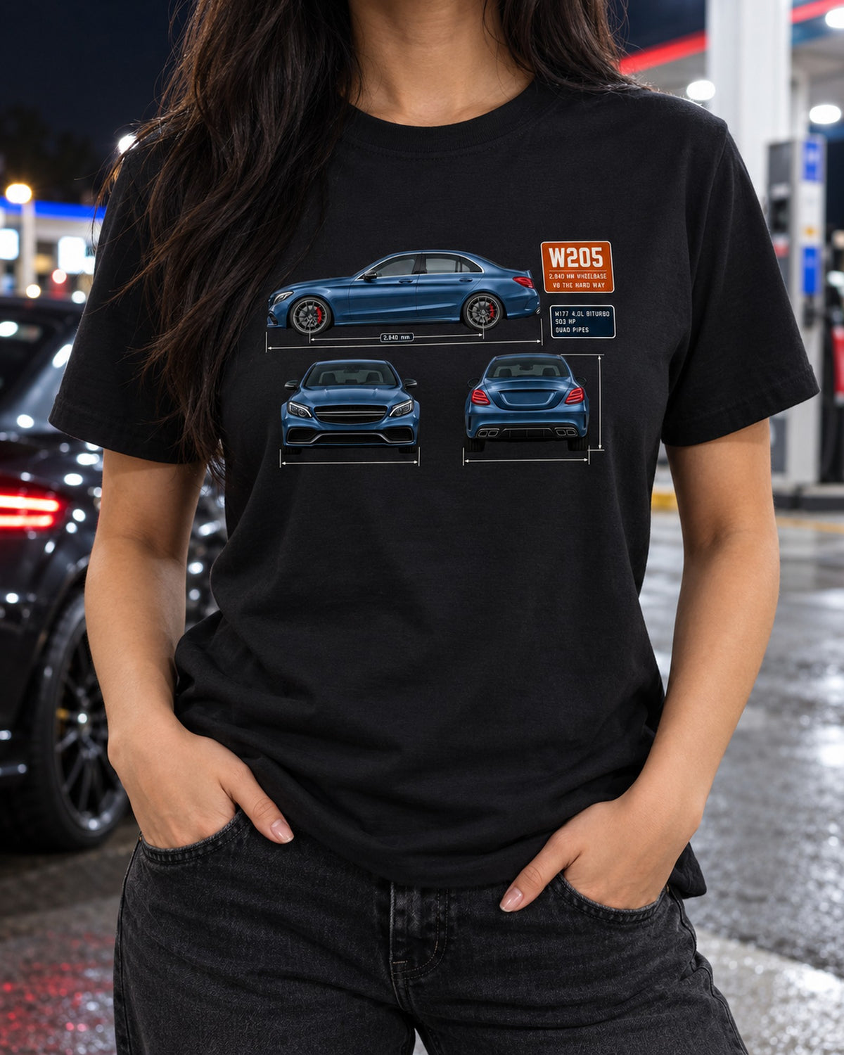 Mercedes-AMG C63 S W205 Three-View Spec Sheet Shirt, Car Guy Gift T-Shirt Black worn hero