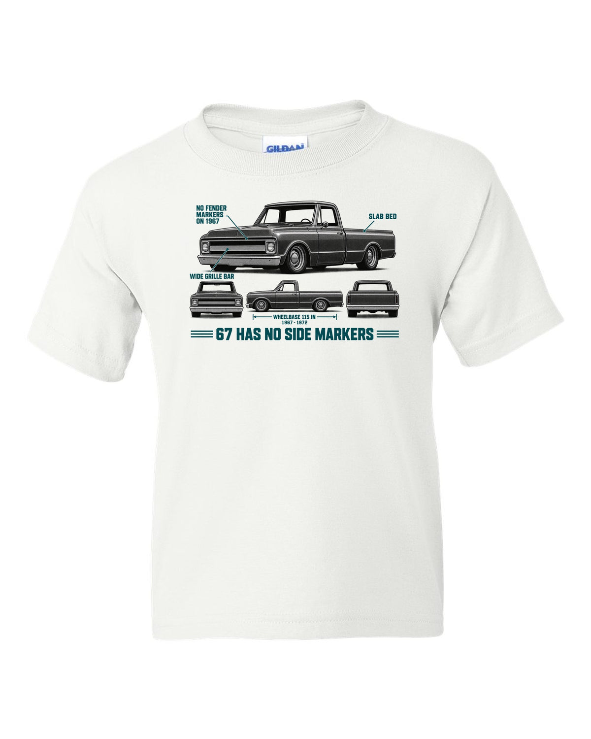 Chevrolet C10 Fleetside 1967-72 Spec Strip white kids tee front view with the design