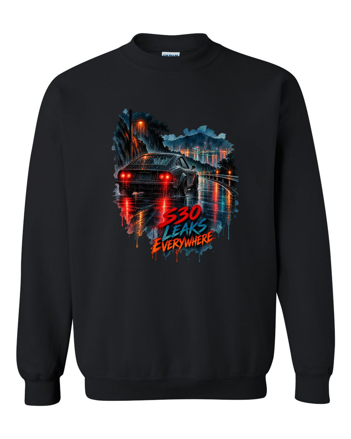 Watercolour wet-road night print of a Nissan Fairlady Z S30 with leaks everywhere lettering black crewneck front view with the design
