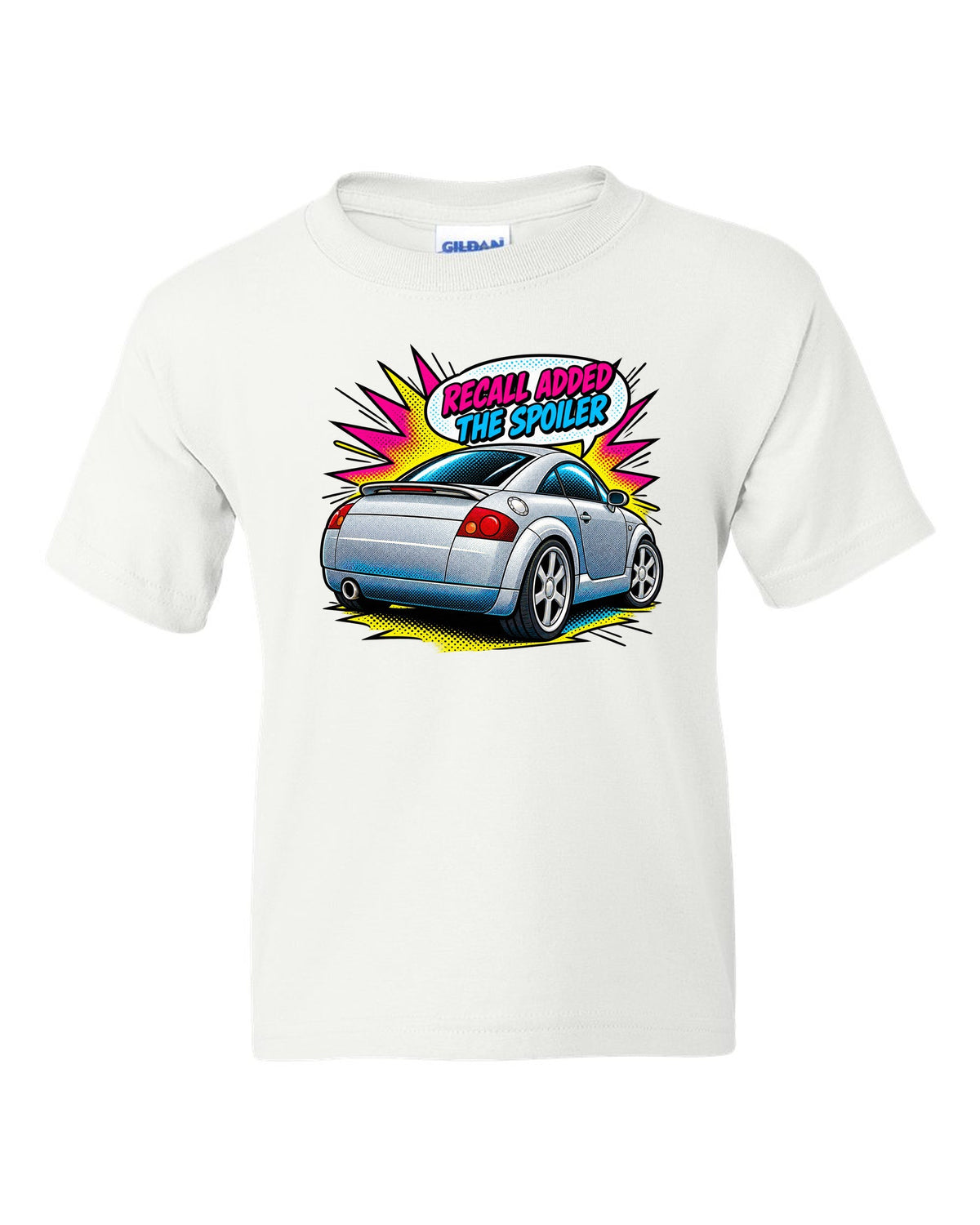 Comic halftone pop art print of an Audi TT Coupe 8N with spoiler recall caption white kids tee front view with the design