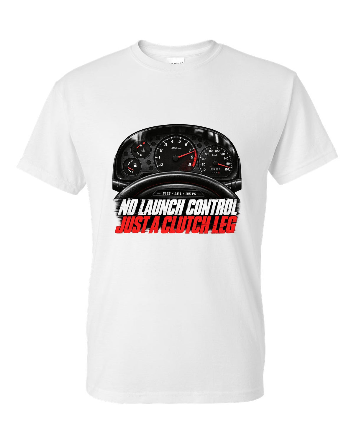 Cockpit gauge print of a 1997 Honda Civic EK9 chback with clutch leg text white t-shirt front view with the design