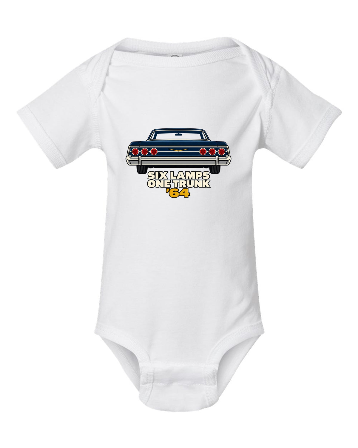 1964 Chevrolet Impala rear in minimal geometric vector style with text Six Lamps One Trunk '64 white baby onesie front view with the design