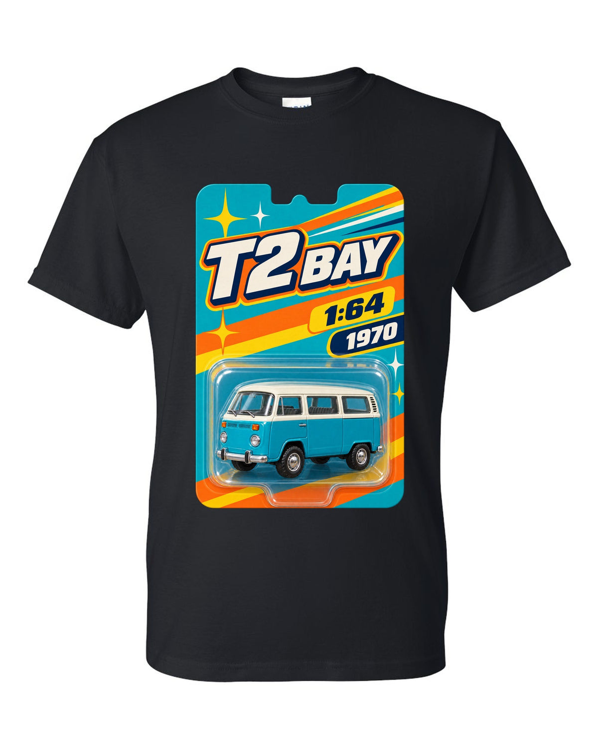 Toy-card blister pack style print of a 1970 VW Bus T2 bay window at 1:64 black t-shirt front view with the design