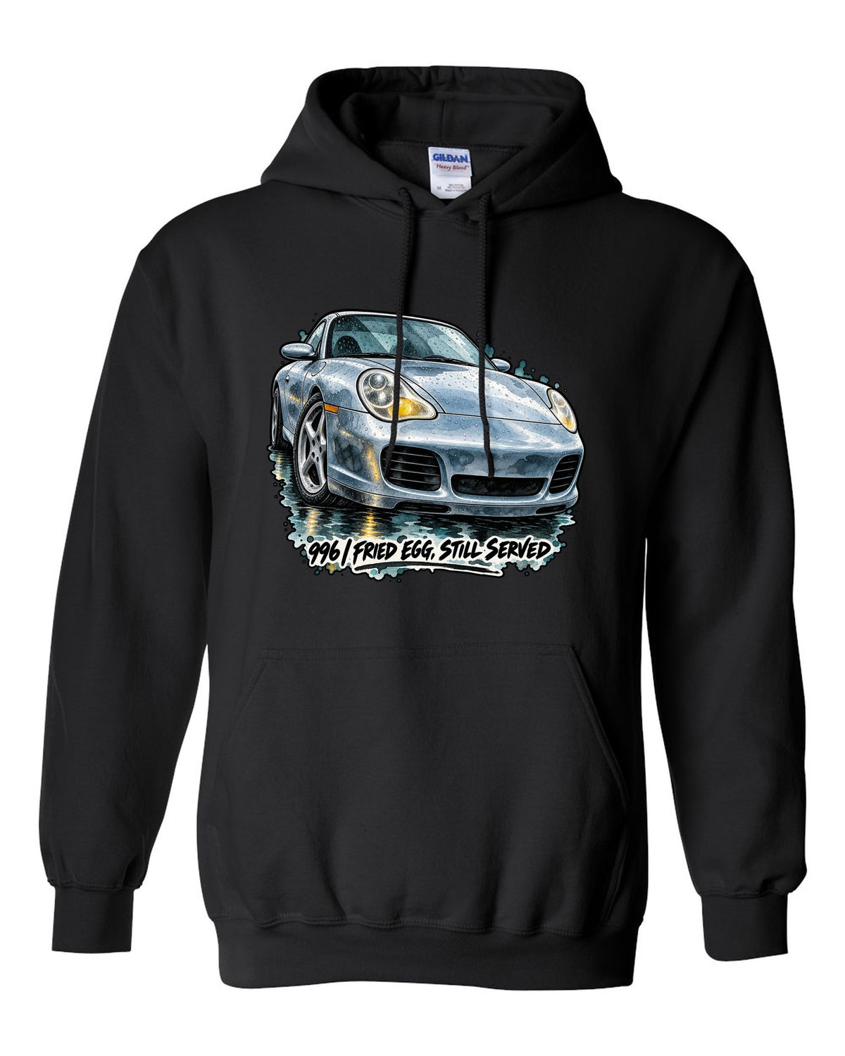 Watercolour ink wash of a Porsche 911 996 on a wet road black pull over hoodie front view with the design