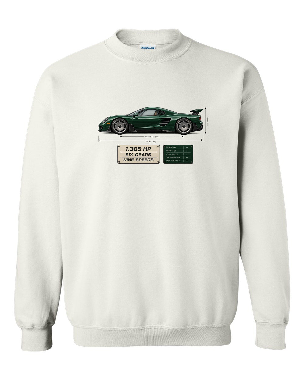 Blueprint print of the Koenigsegg CC850 with the text 1,385 hp, six gears, nine speeds white crewneck front view with the design