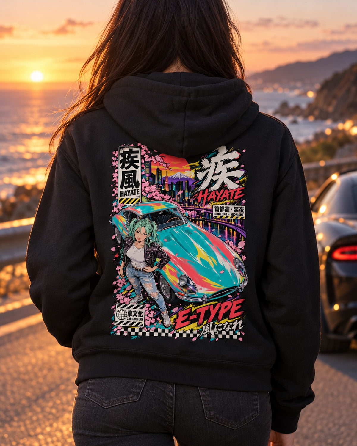 HAYATE E-TYPE Anime Girl Full-Back Graphic Tee Zip Hoodie Black worn hero