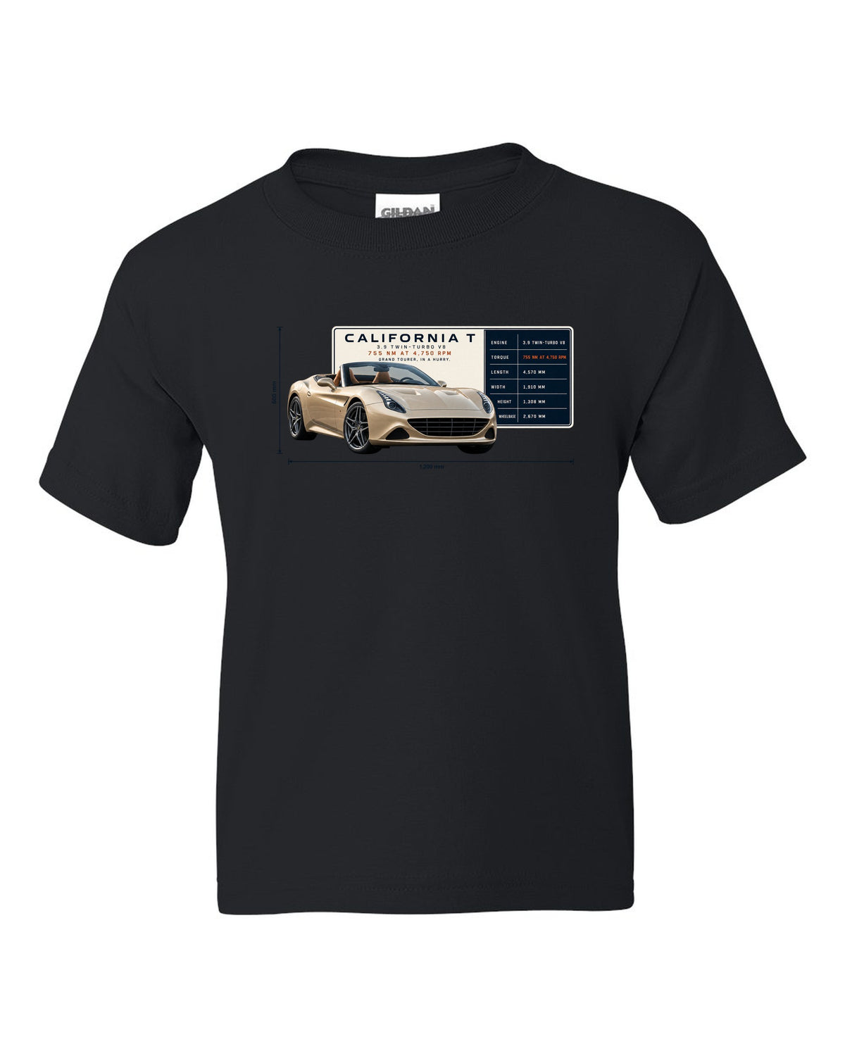 Spec poster print of the Ferrari California T in champagne tones black kids tee front view with the design