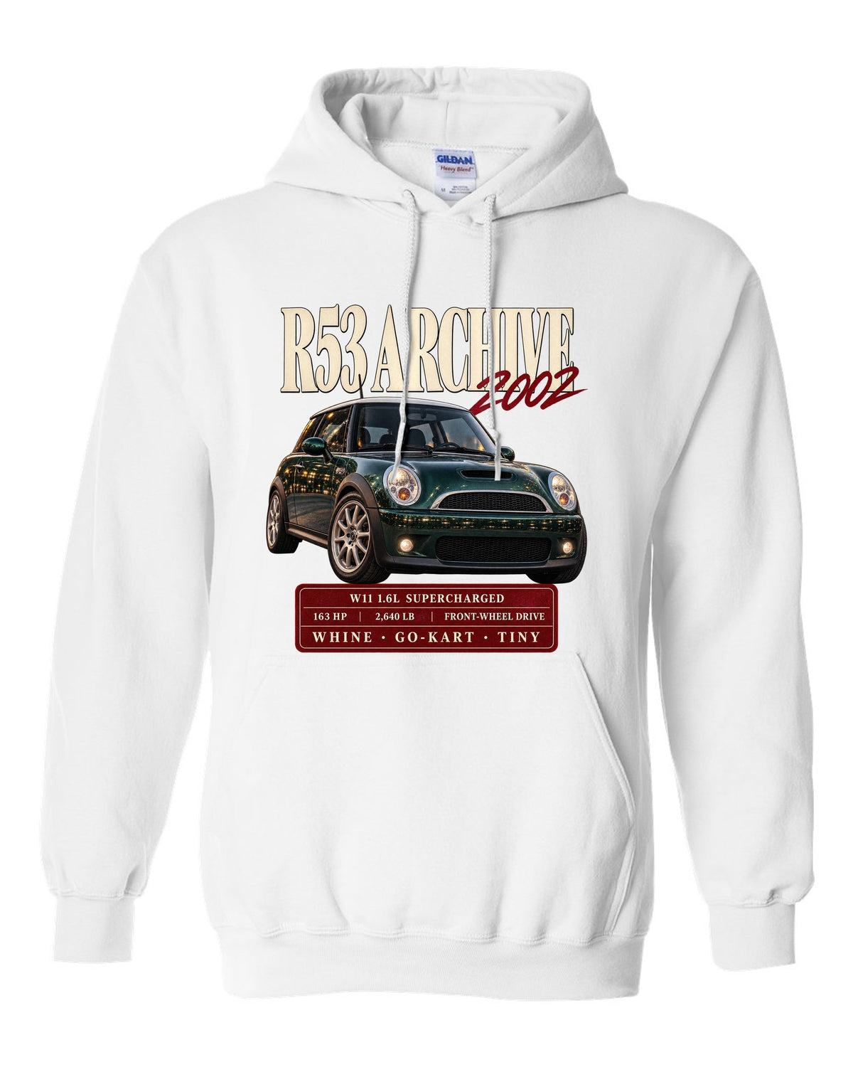 Mini Cooper S R53 archive panel with W11 supercharged engine specs white pull over hoodie front view with the design