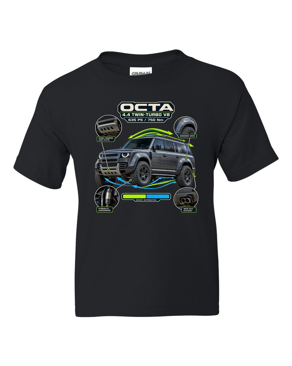 Aero callout print of the Land Rover Defender Octa with V8 power and torque figures black kids tee front view with the design