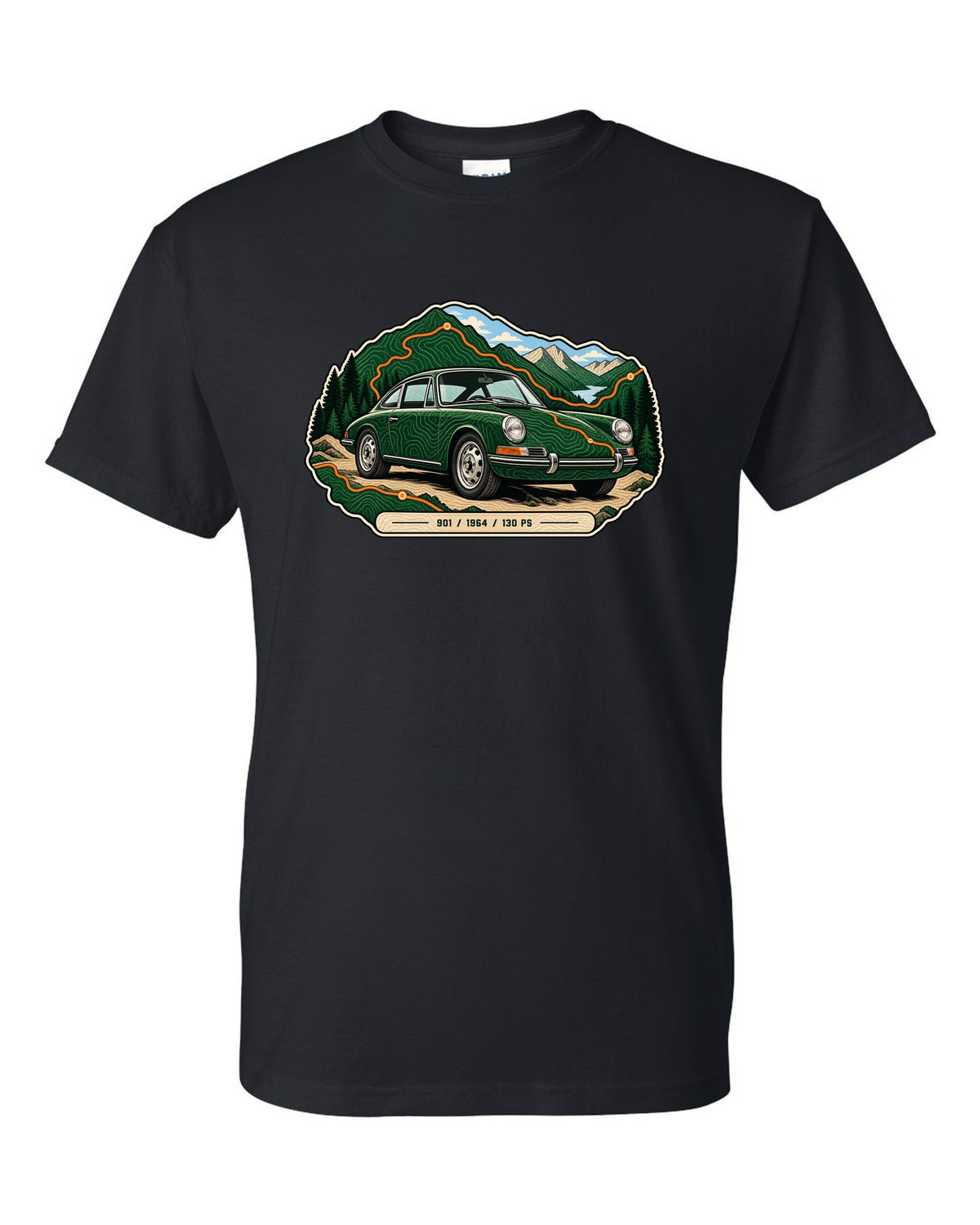 Porsche 993 RS engine bay data plate spec sheet design with 3.8 and 300 PS text black t-shirt front view with the design