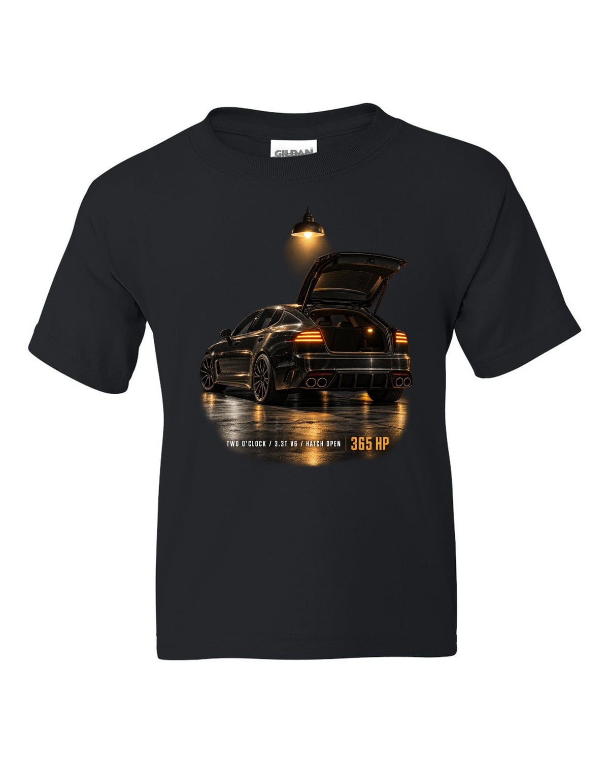 Kia Stinger GT CK garage night print with ch open and 3.3T V6 text black kids tee front view with the design