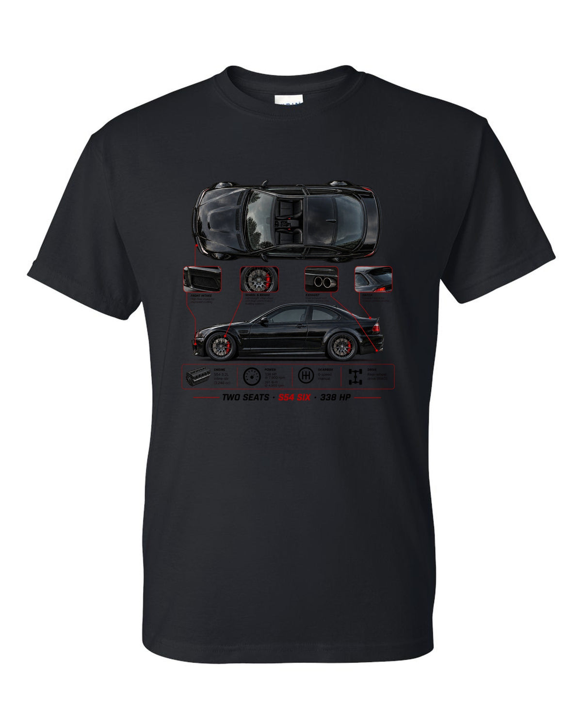 BMW Z4 M Coupe E86 spec poster print with two seats S54 six 338 hp black t-shirt front view with the design
