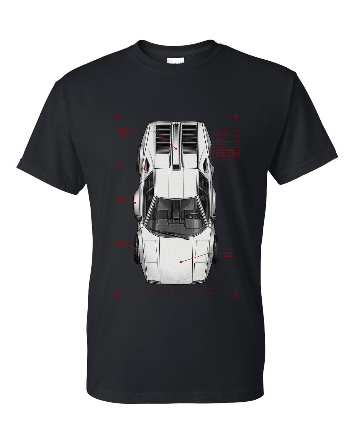 Spec poster print of a Lamborghini Countach LP400 with 4.0 V12 375 PS and 1,065 kg text black t-shirt front view with the design