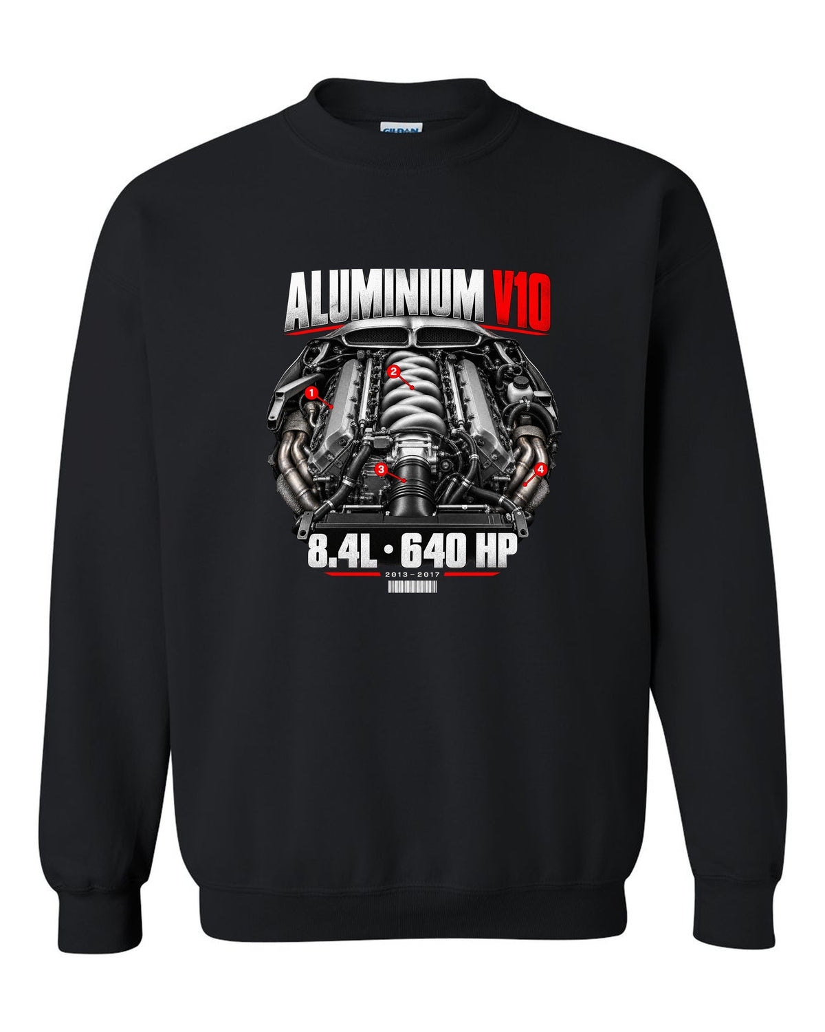Dodge Viper VX aluminium V10 engine hero print with 8.4L and 640 HP lettering black crewneck front view with the design