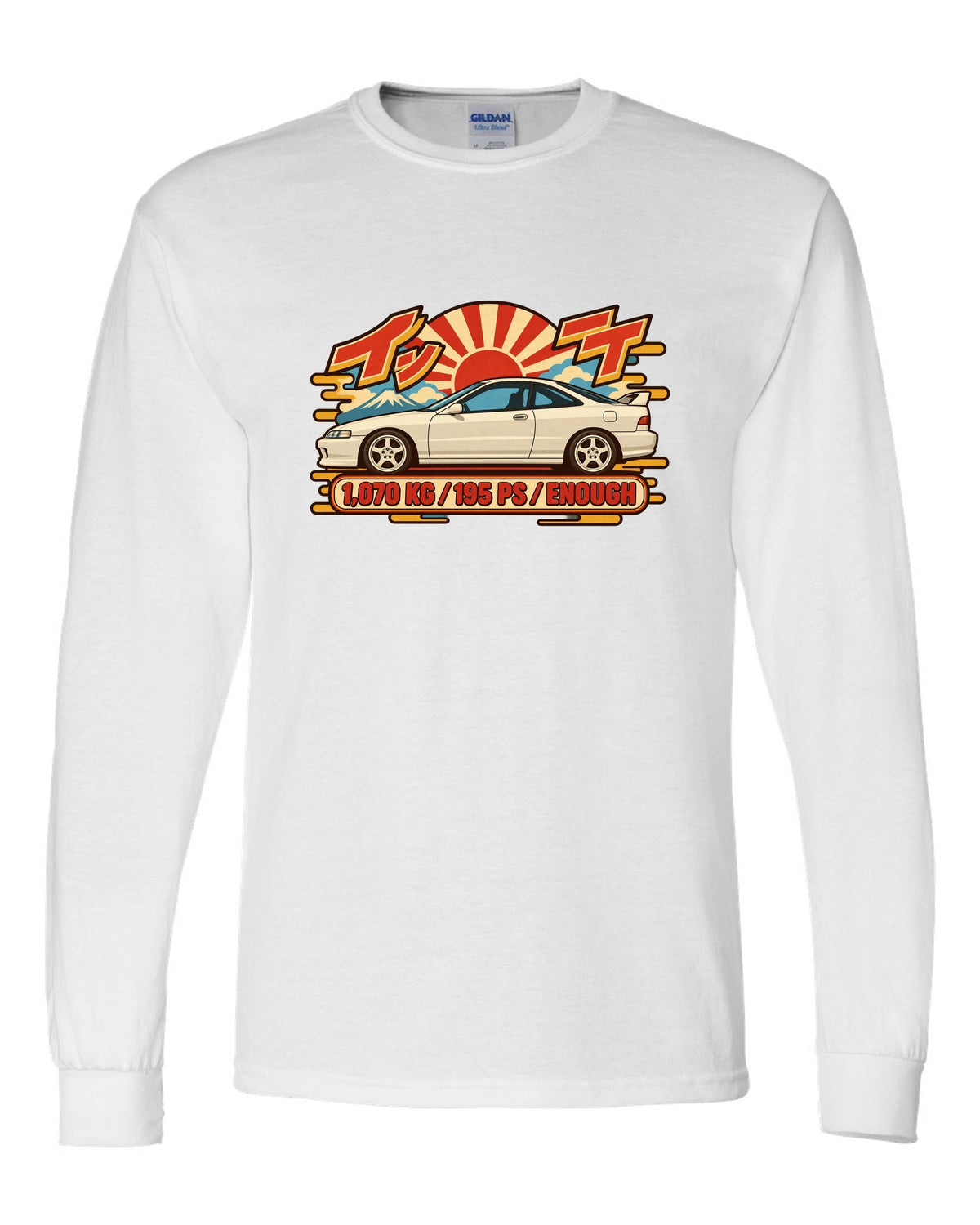 Showa catalogue ad style print of a 1995 Honda Integra DC2 coupe with 1,070 KG and 195 PS text white long sleeve front view with the design