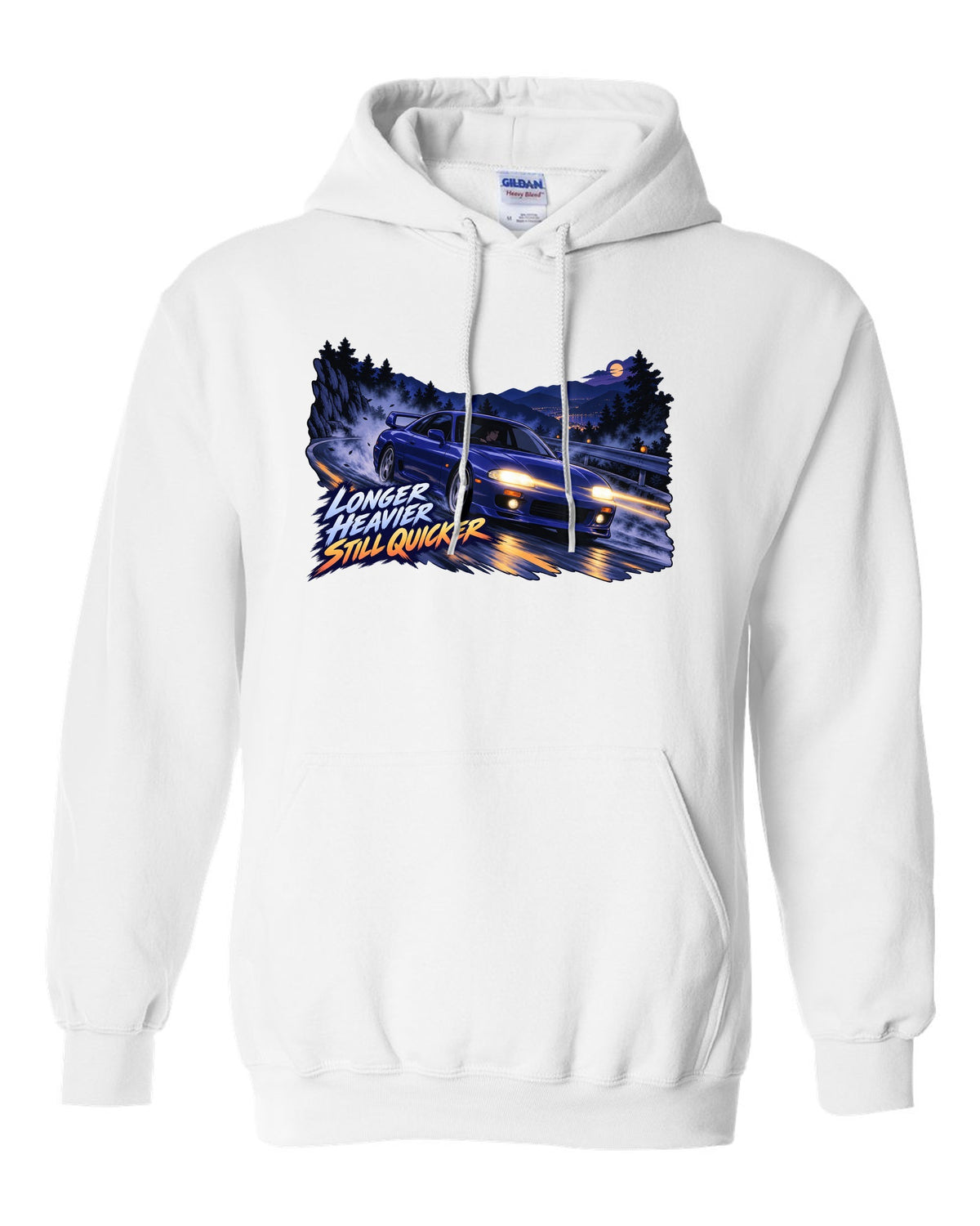 Cel-shaded 90s anime night touge print of a Nissan Skyline GT-R BCNR33 with longer heavier still quicker lettering white pull over hoodie front view with the design