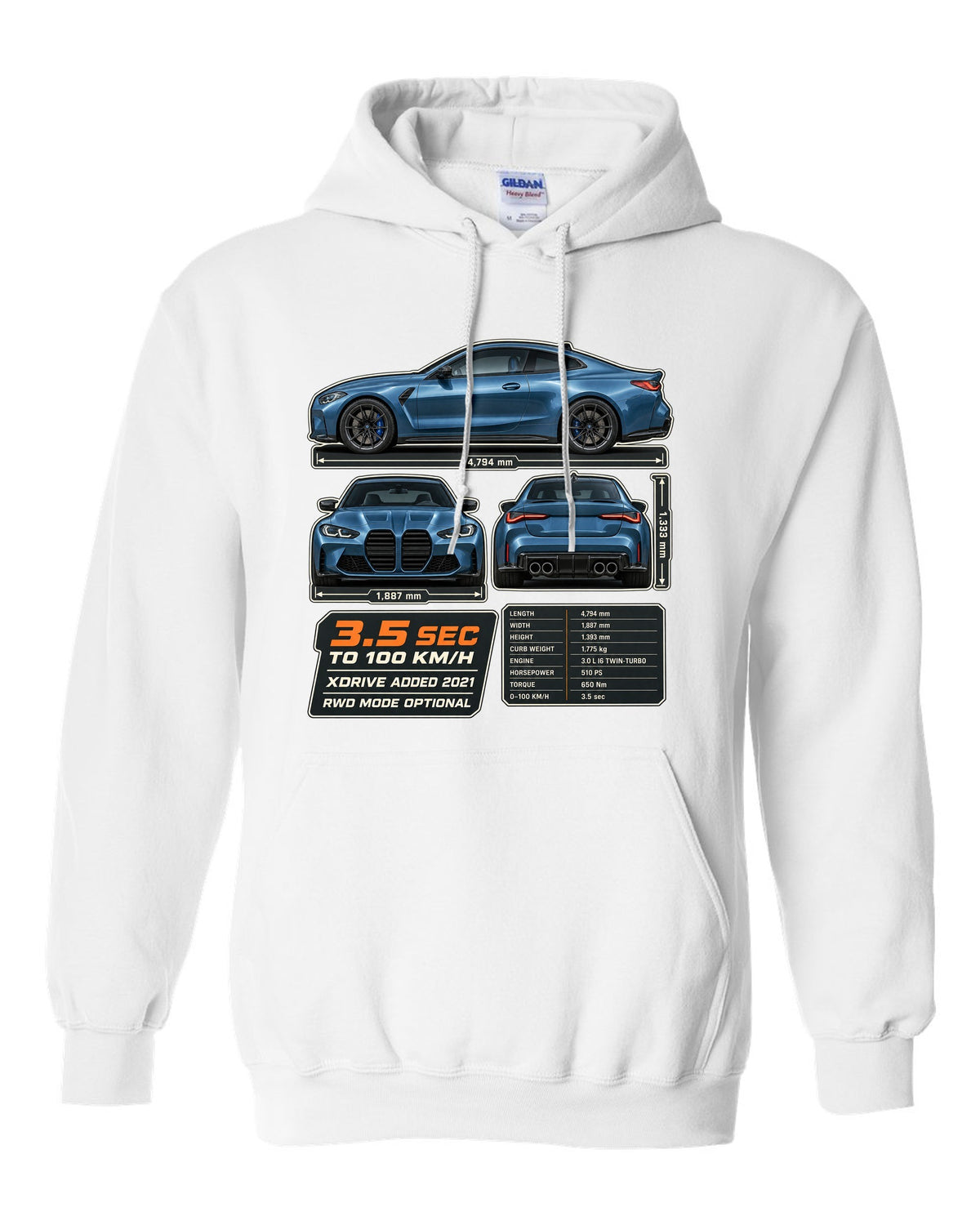 BMW M4 Competition xDrive G82 three-view drawing with spec table print white pull over hoodie front view with the design