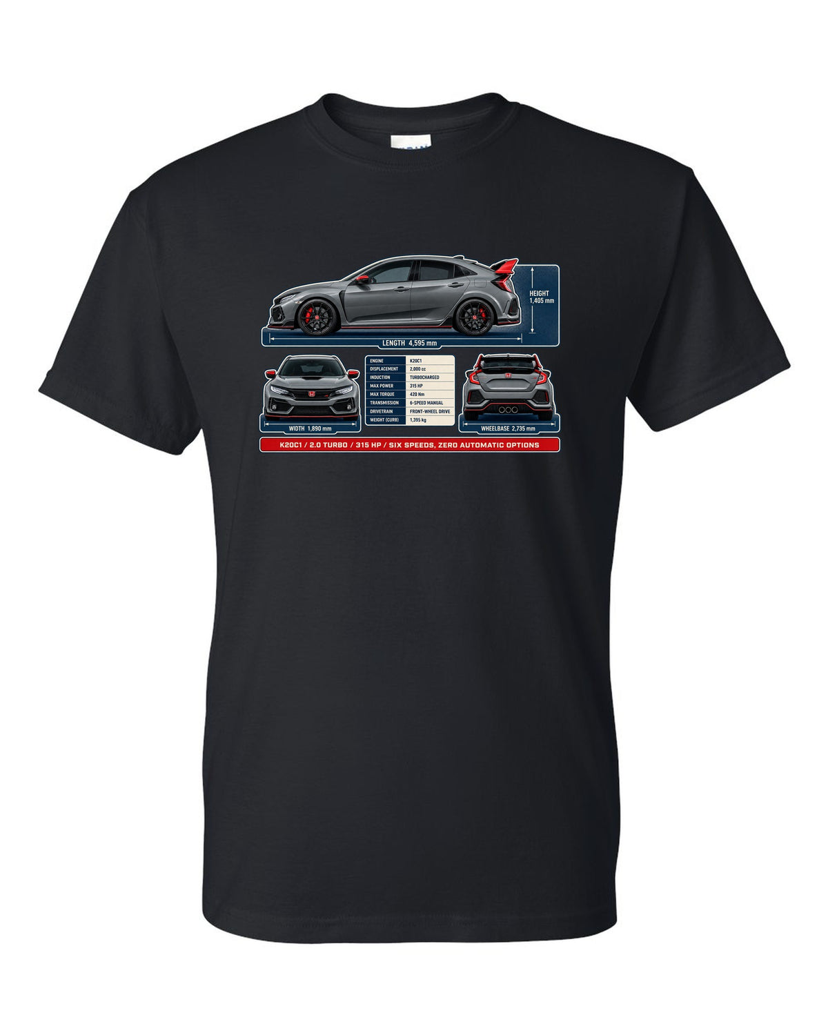 print dimension blueprint of a Honda Civic Type R FL5 in warm grey black t-shirt front view with the design
