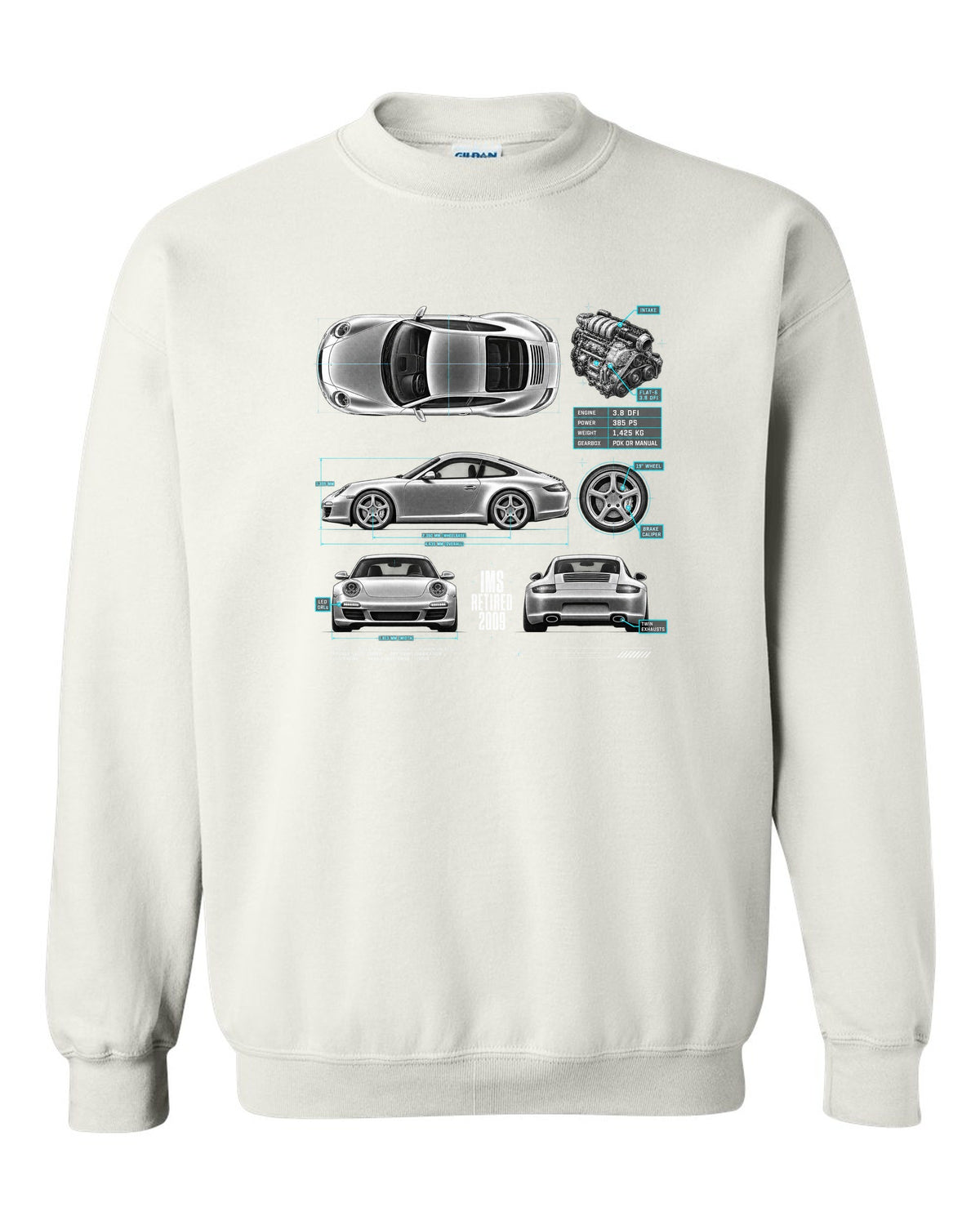 Spec poster print of a Porsche 911 Carrera S (997.2) with the headline IMS Retired 2009 white crewneck front view with the design