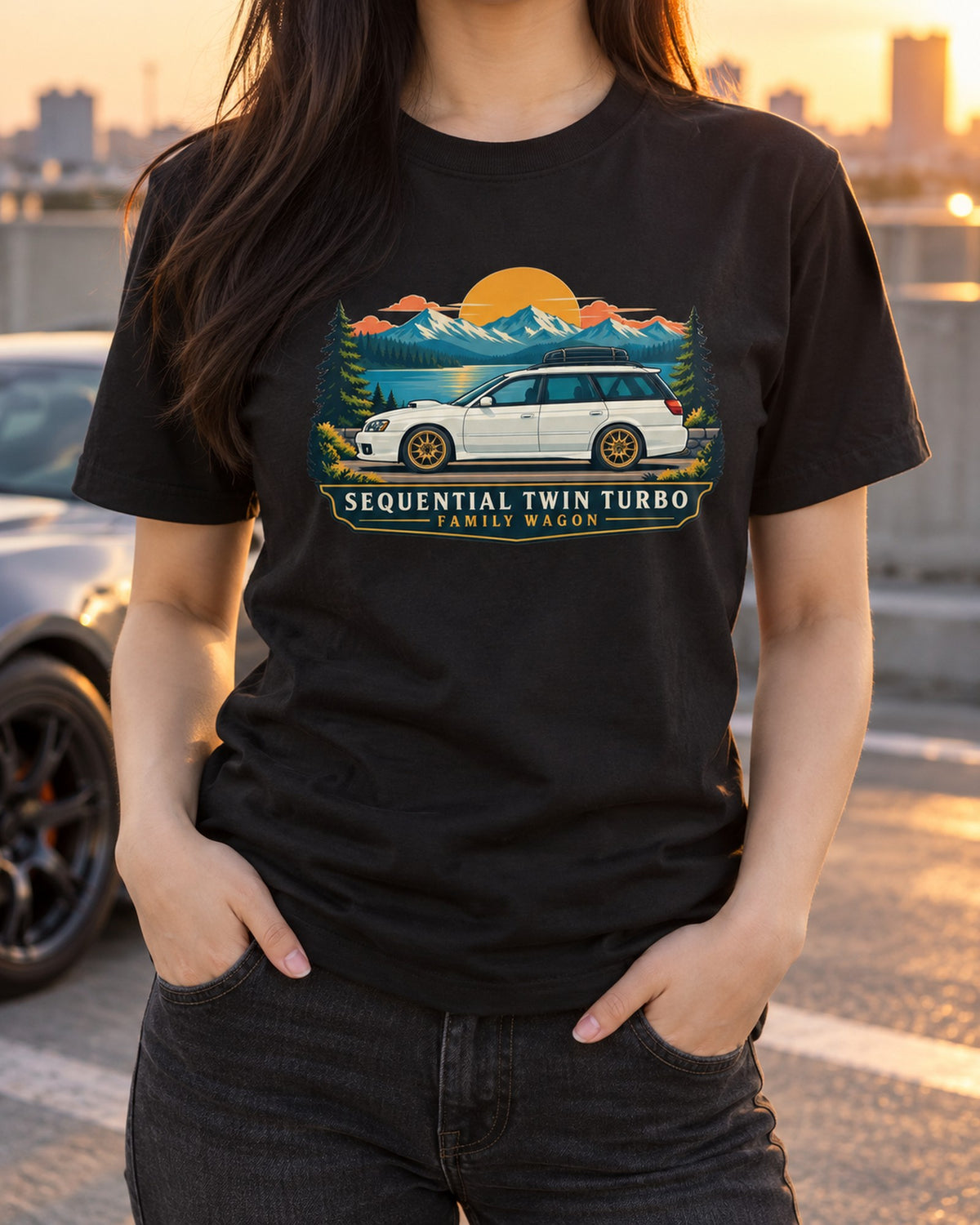 Subaru Legacy BC5 RS Highway Linocut Shirt, 100,000 KM Record T-Shirt Black worn hero