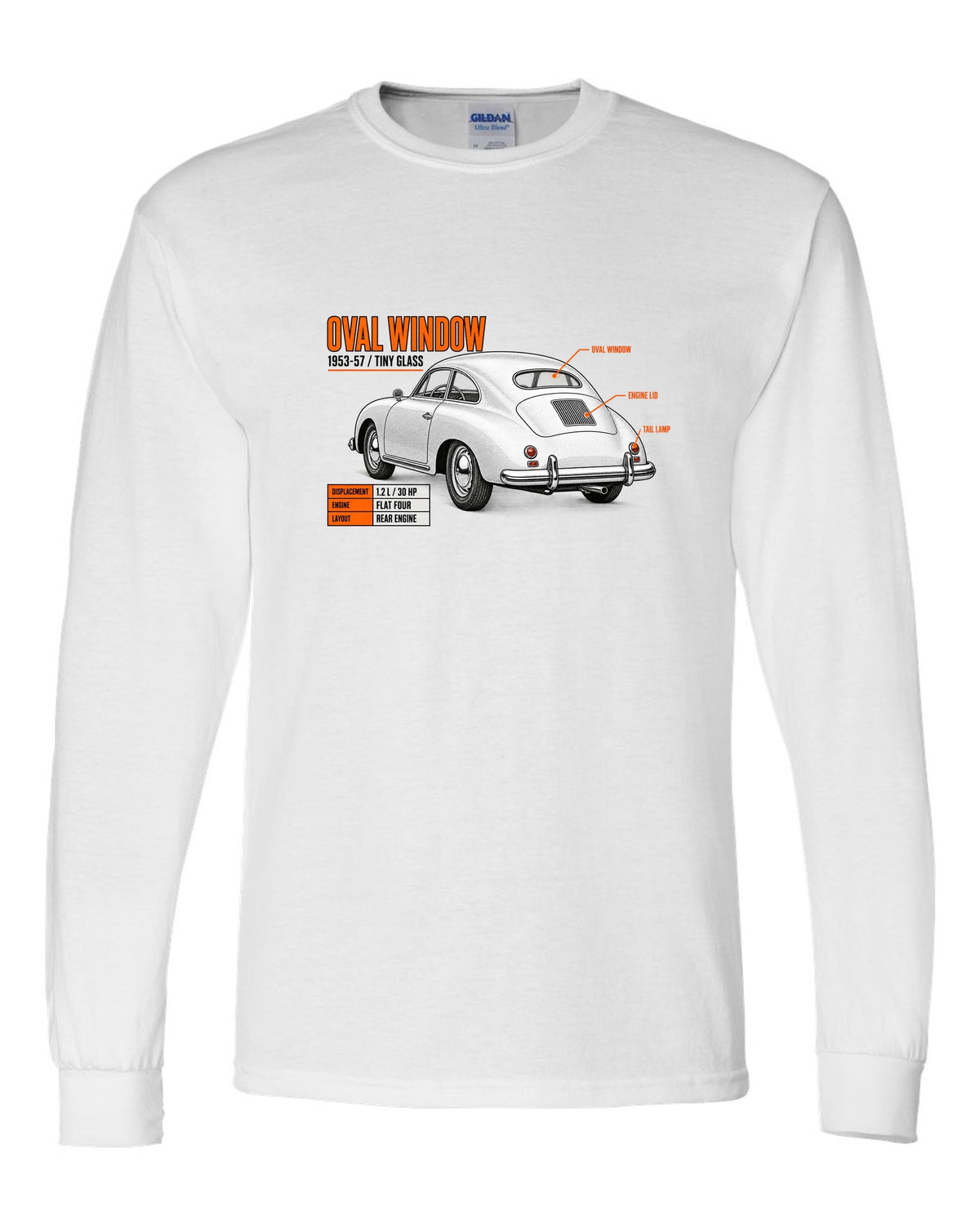 Spec poster print of a VW Beetle oval-window rear three-quarter with 1953-57 text white long sleeve front view with the design