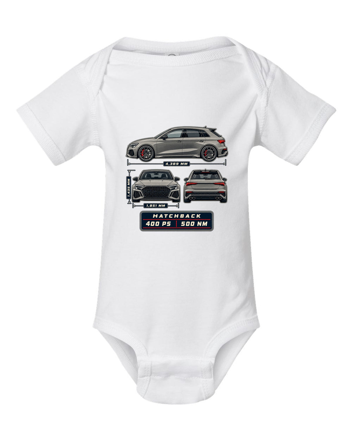 Three-view drawing and spec table of the Audi RS3 8Y Sportback white baby onesie front view with the design
