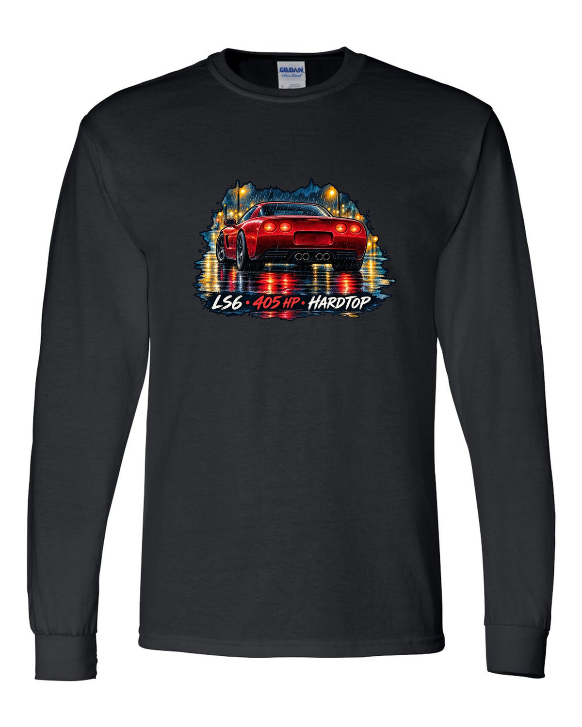 Watercolour wet-road night print of a 2002 Corvette C5 Z06 hardtop with LS6 405 HP lettering black long sleeve front view with the design