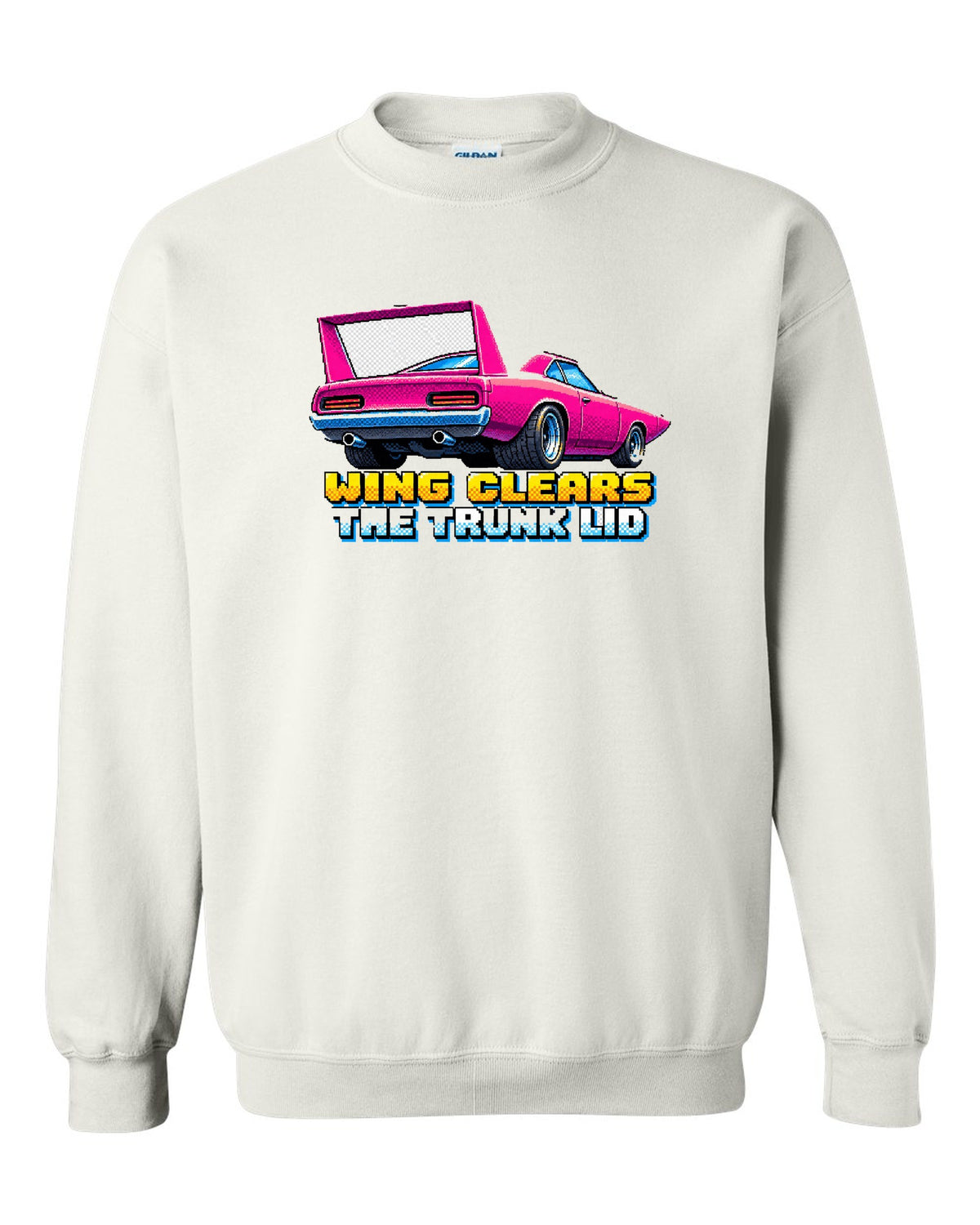 1970 Plymouth Superbird 16-bit pixel art print with Wing Clears The Trunk Lid text white crewneck front view with the design
