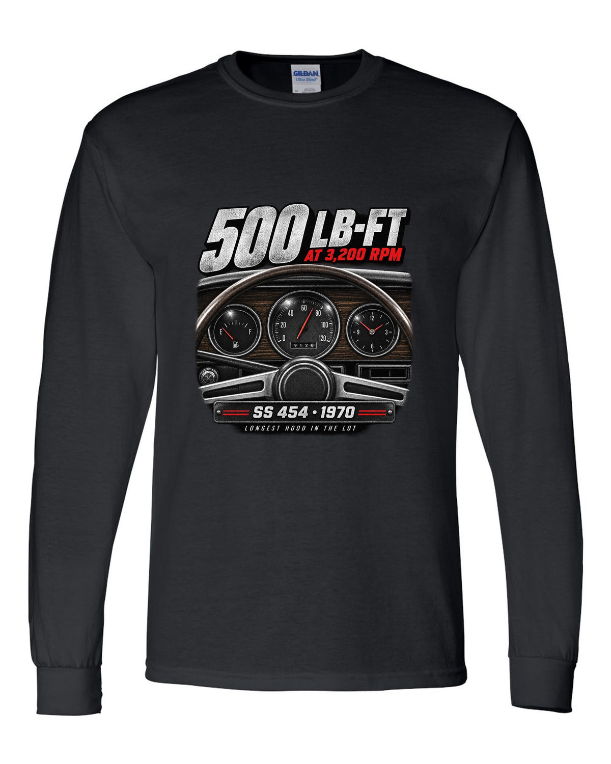 1970 Monte Carlo SS 454 gauge cockpit print with 500 lb-ft torque text black long sleeve front view with the design