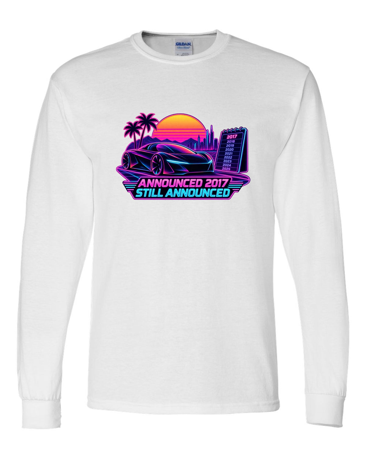 Neon synthwave print of a Tesla Roadster Gen 2 reading Announced 2017 Still Announced white long sleeve front view with the design