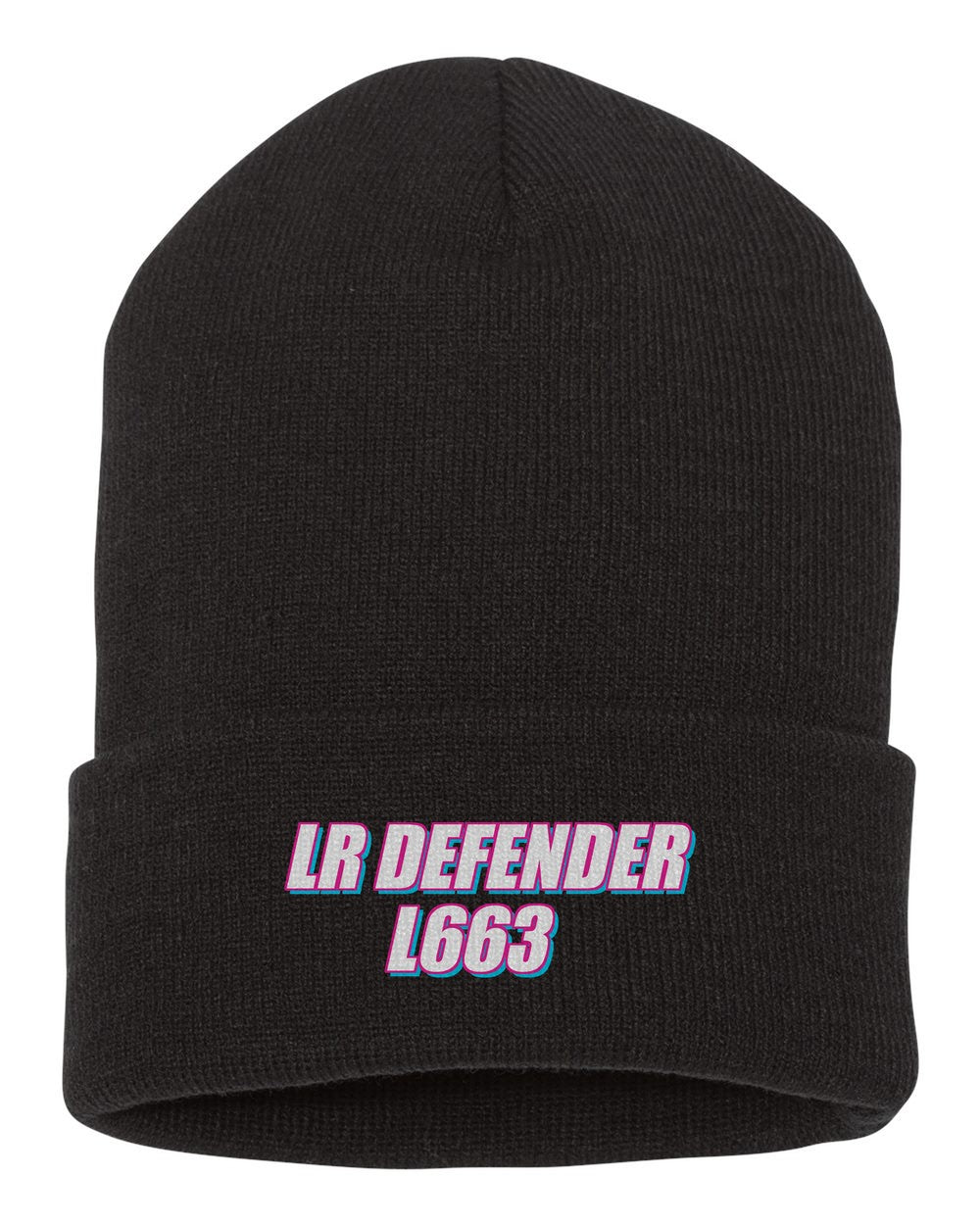 Lr Defender L663 black beanie front view with car name
