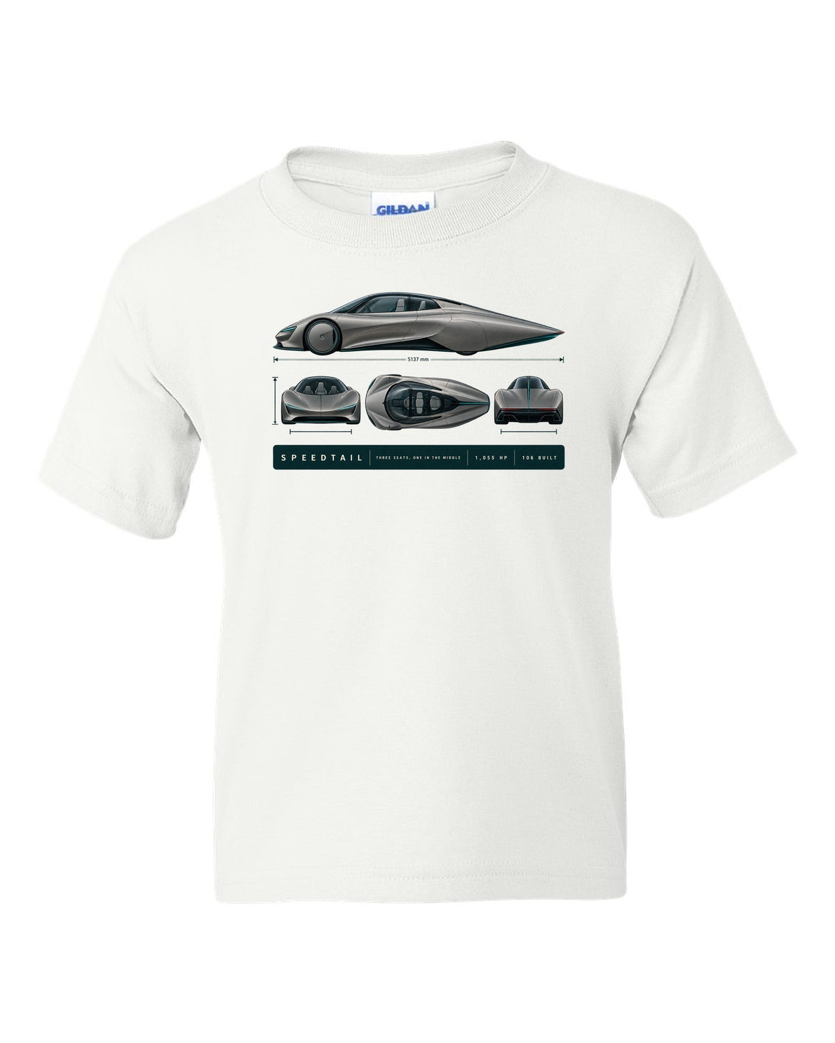 Warm grey and teal length blueprint print of a McLaren Speedtail white kids tee front view with the design