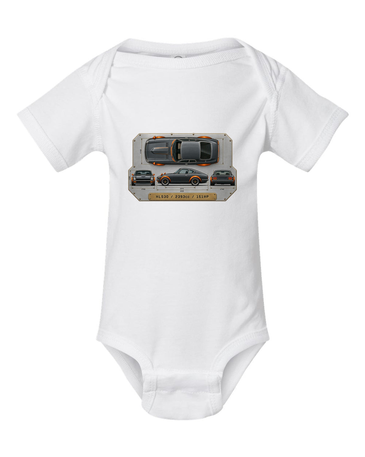 Top-down spec plate print of a Datsun 240Z HLS30 with 2393cc and 151HP white baby onesie front view with the design