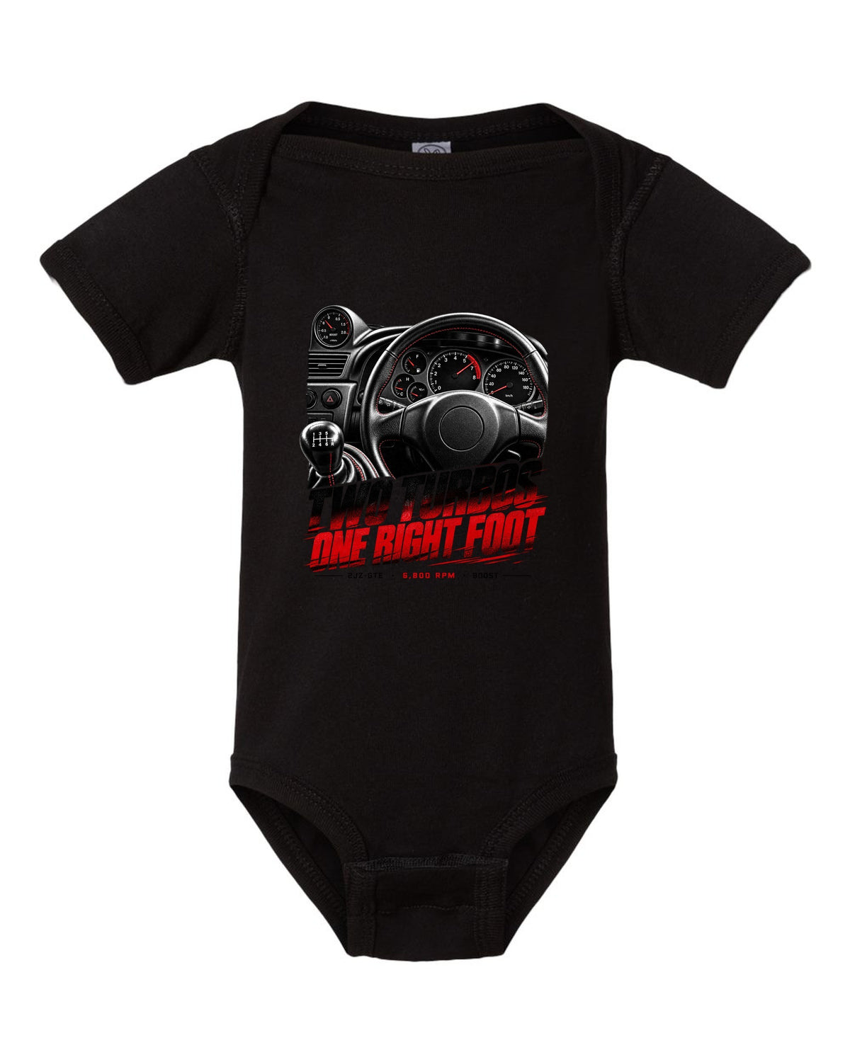 Cockpit and gauge print of a Toyota Supra A80 JZA80 with 6,800 redline black baby onesie front view with the design