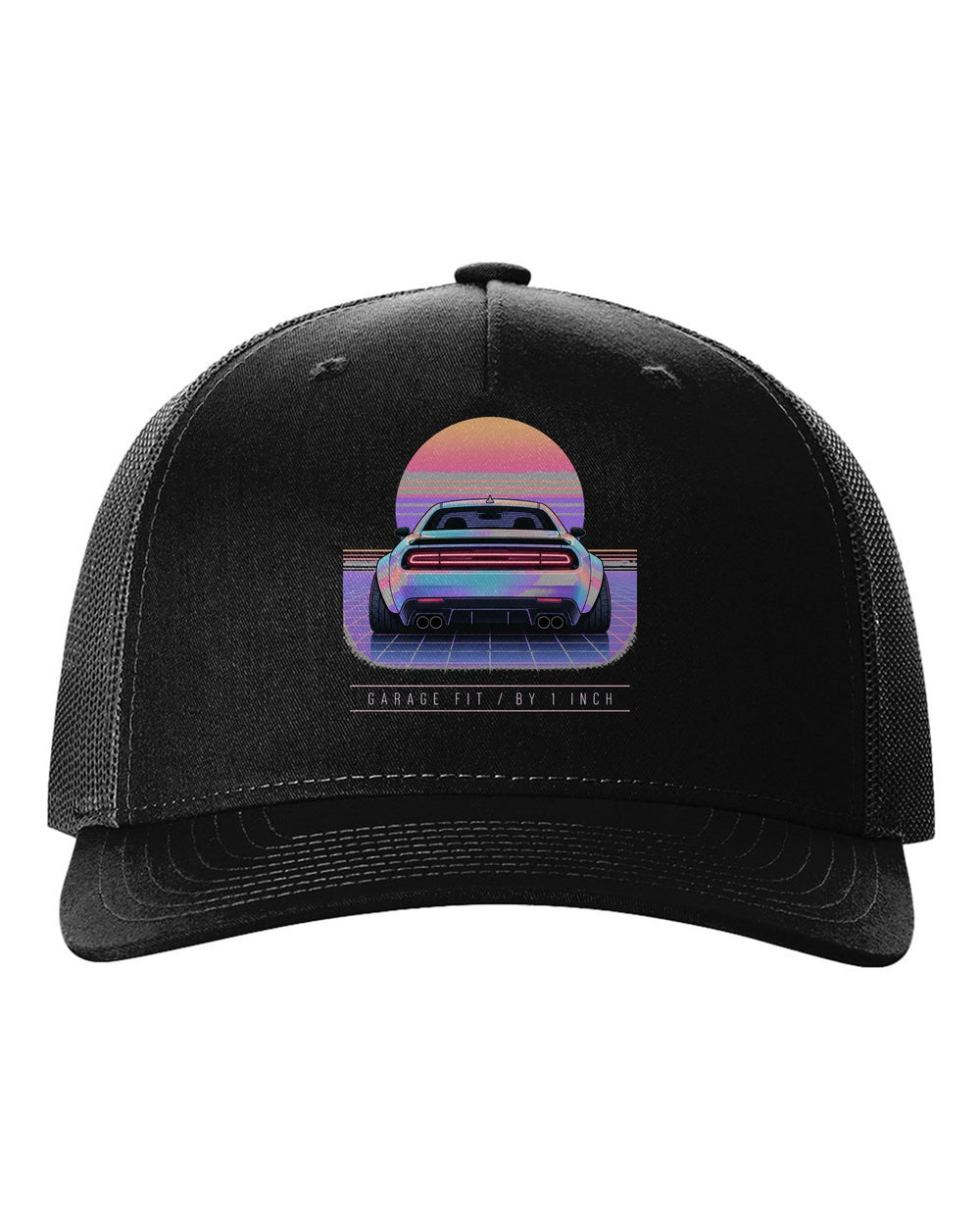 Vaporwave pastel print of a 2021 Dodge Challenger Scat Pack Widebody with garage fit text black hat front view with the design