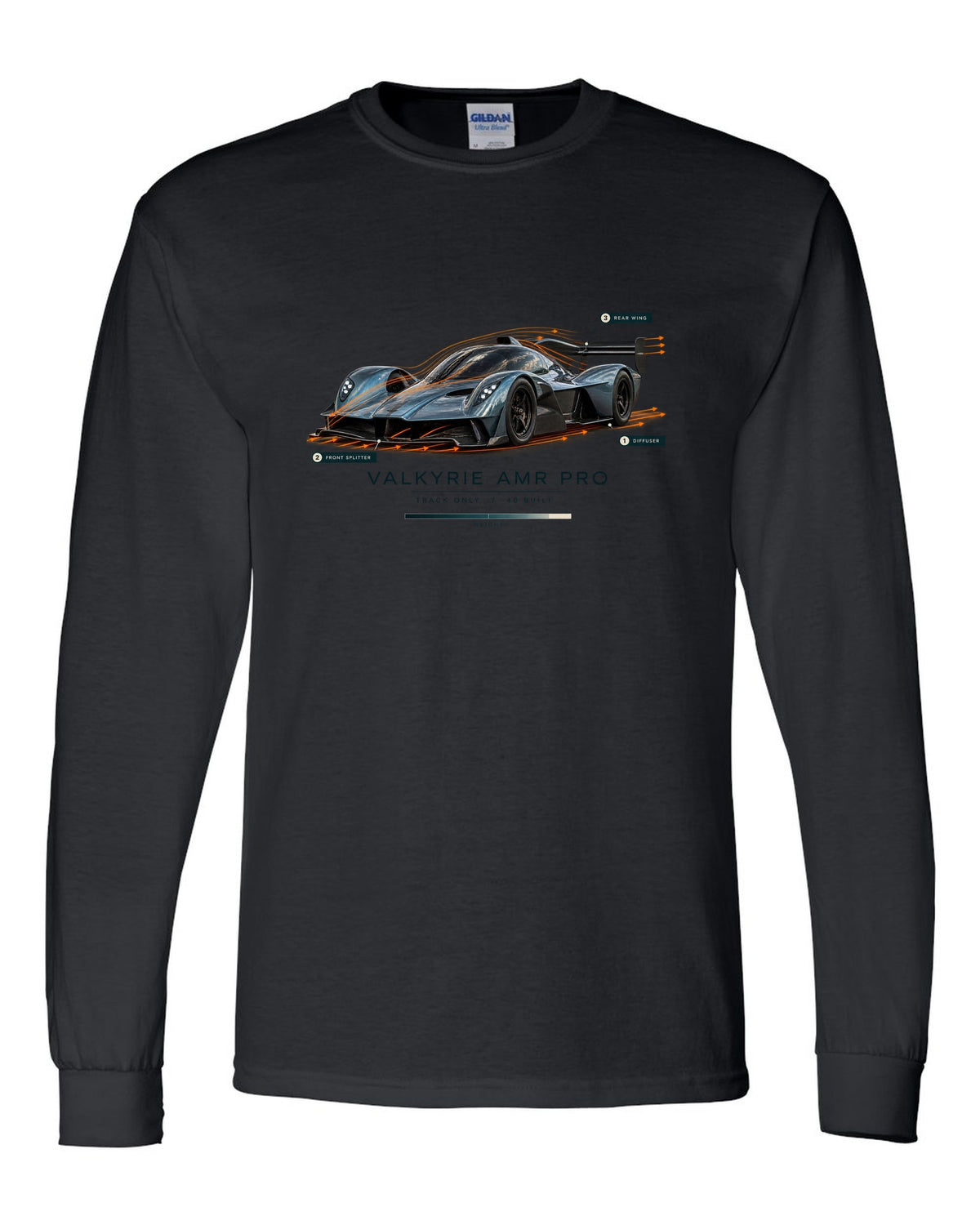 Aston Martin Valkyrie AMR Pro 2022 airflow cutaway print with track only 40 built text black long sleeve front view with the design