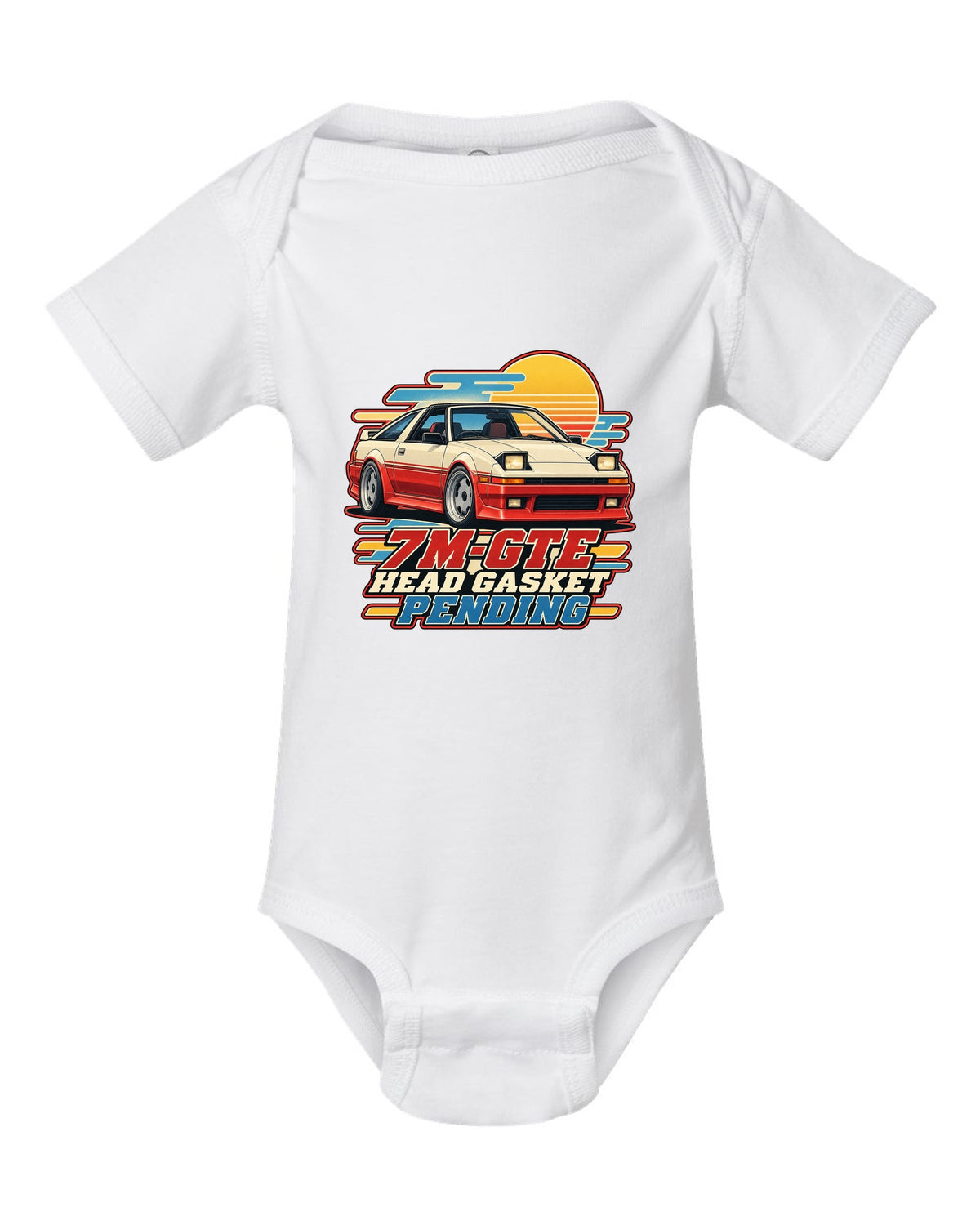 Toyota Supra A70 with pop-up headlights half open in a retro Showa brochure illustration white baby onesie front view with the design