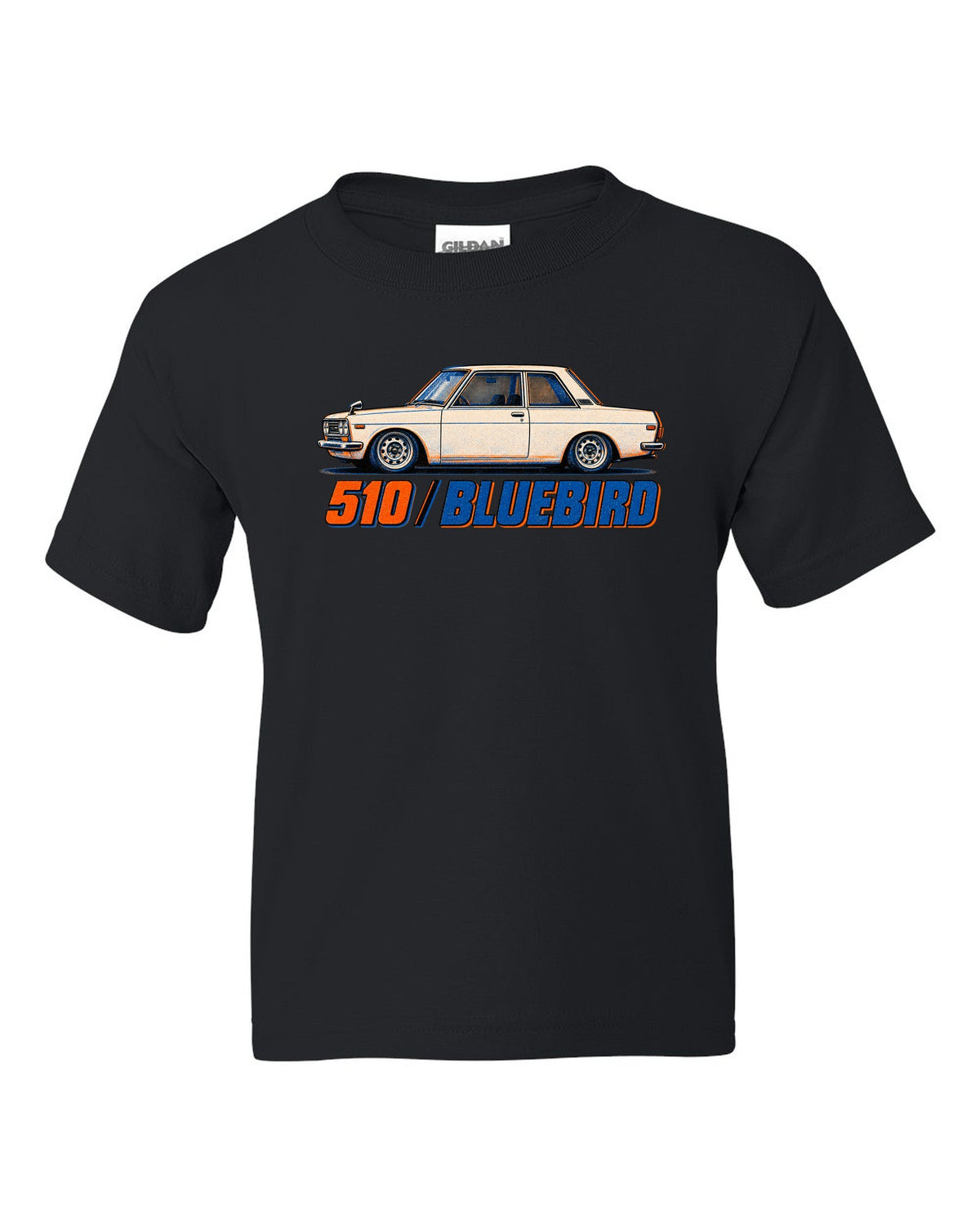 Risograph box print of the Datsun 510 Bluebird with 510 Bluebird lettering black kids tee front view with the design