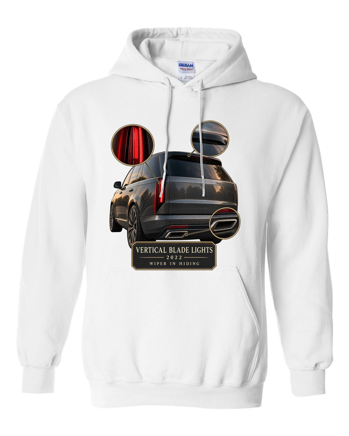 Taillight macro print of the Range Rover L460 with vertical blade lights white pull over hoodie front view with the design