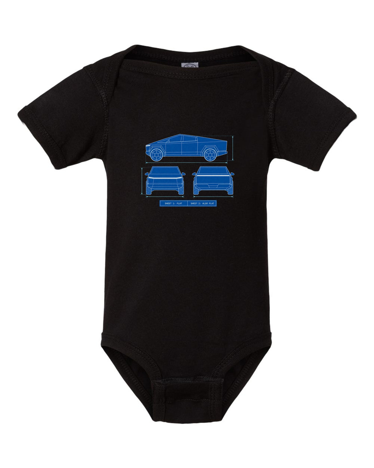 Technical blueprint line art of a 2023 Tesla Cybertruck with Sheet 1 Flat and Sheet 2 Also Flat lettering black baby onesie front view with the design