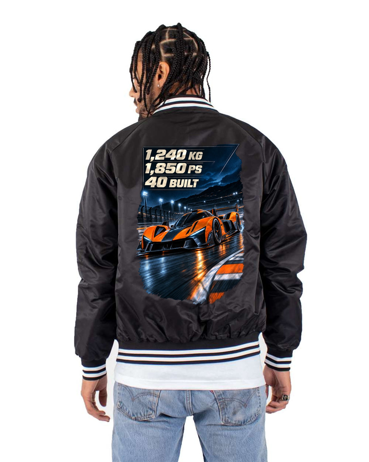 Bugatti Bolide Night Street print Tee, 1,850 PS Track Car Bomber Jacket Black back