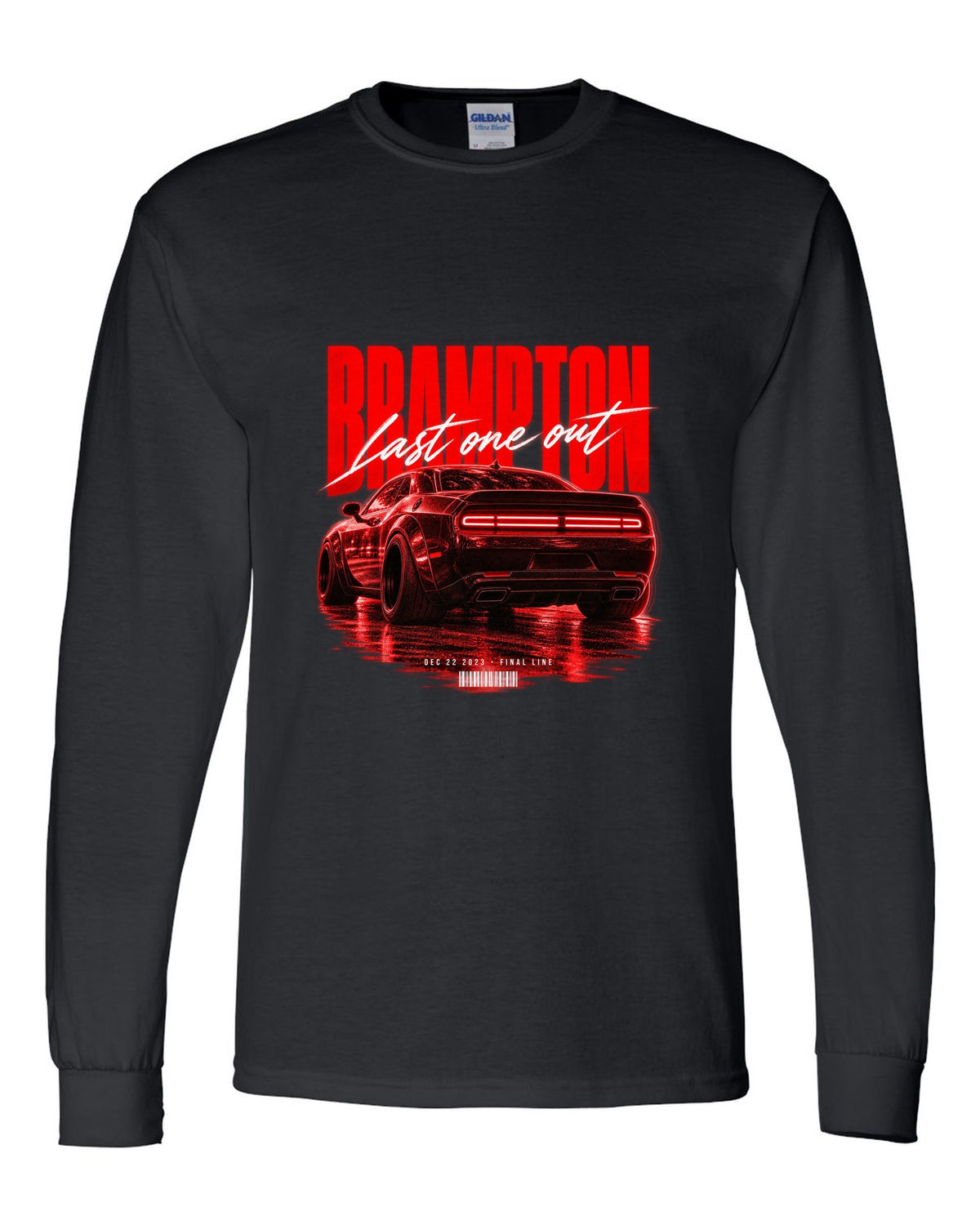 Street poster print of a 2023 Dodge Challenger Widebody with Brampton last one out Dec 22 2023 text black long sleeve front view with the design