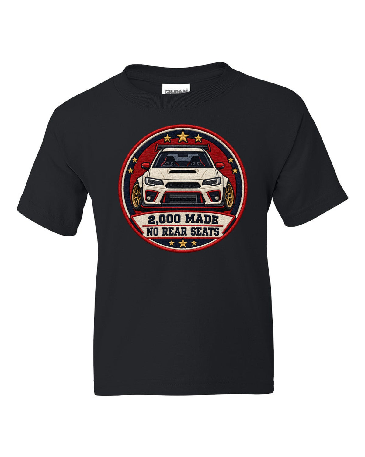 Embroidery-style varsity crest print for the Mini GP1 R53 with 2,000 made and no rear seats text black kids tee front view with the design