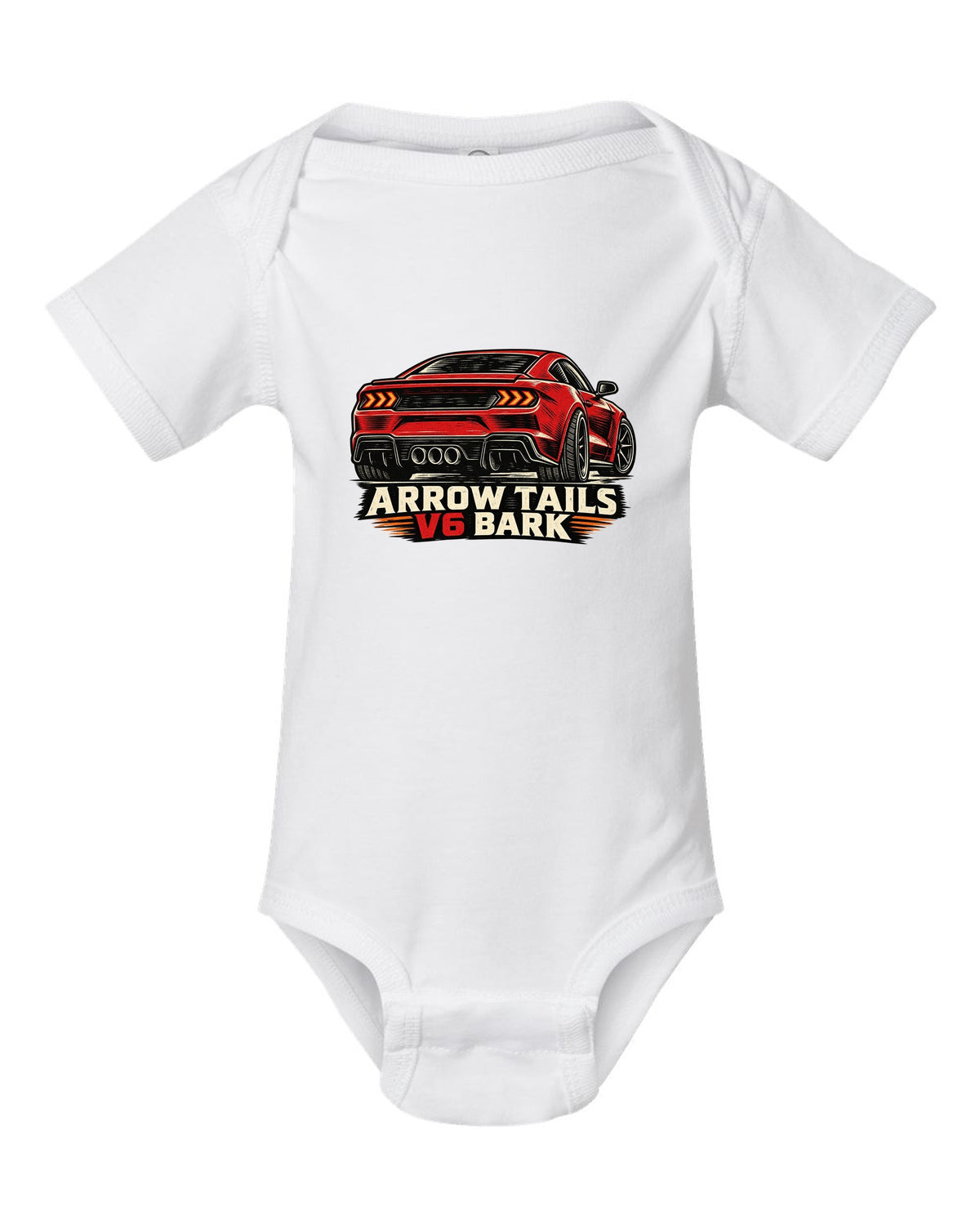 Linocut woodcut print of a Hyundai Genesis Coupe BK2 rear with arrow tails V6 bark text white baby onesie front view with the design